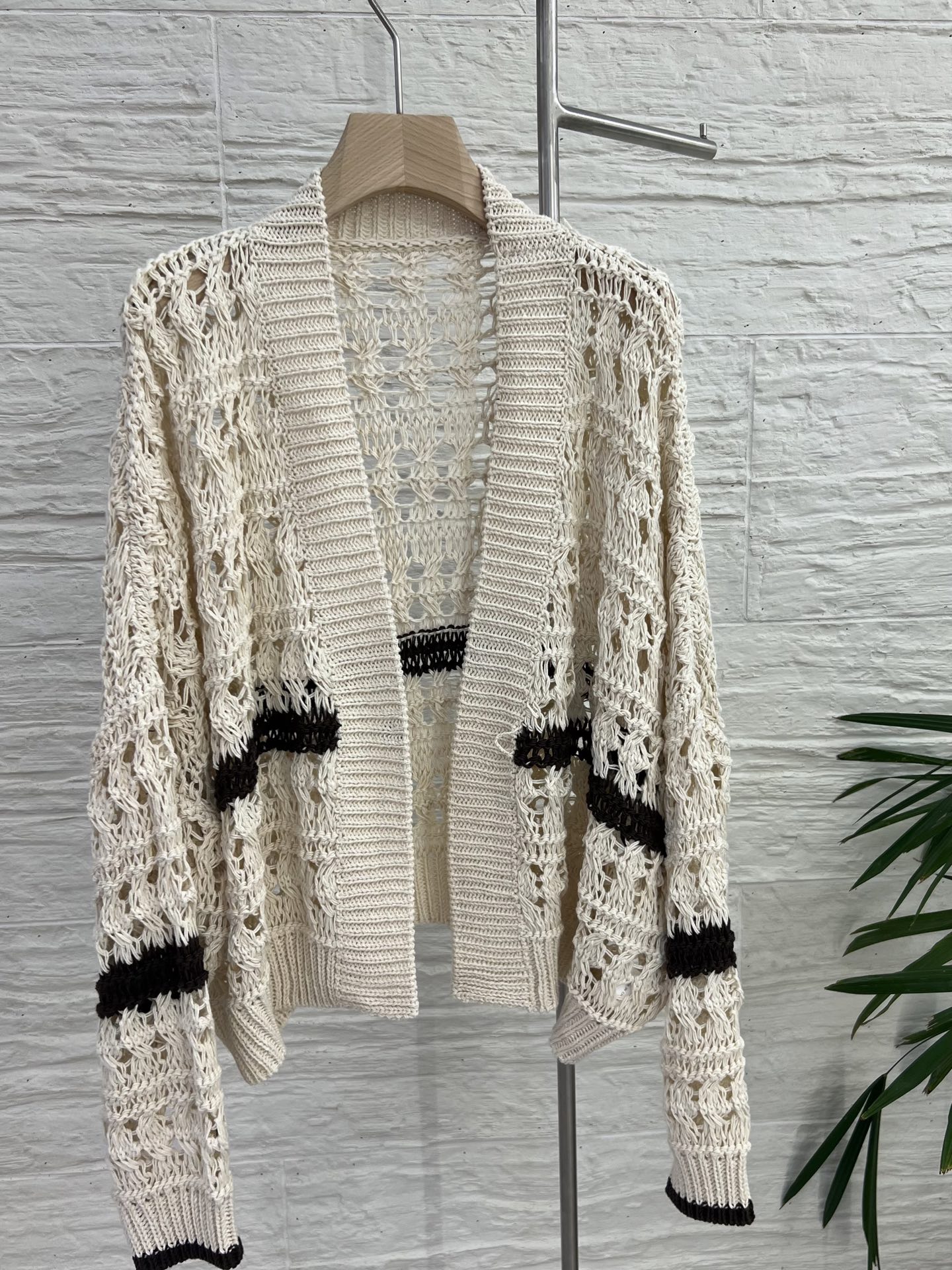 Women's Open Knit Cardigan - Cotton Linen Blend - Striped Detail 7 i1753072845637 2534 0 5