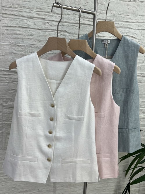 Elegant Women's Linen Vest - BC Sparkly Thread Sleeveless Top - Mist Blue, Pink, White 1 Elegant Women's Linen Vest - BC Sparkly Thread Sleeveless Top - Mist Blue, Pink, White