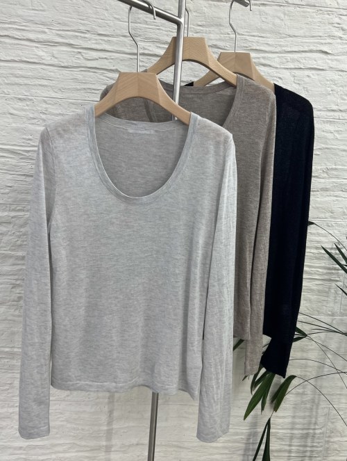 Women's Ultra-Thin Wool Blend Long Sleeve Top - Versatile U-Neck Design 1 Women's Ultra-Thin Wool Blend Long Sleeve Top - Versatile U-Neck Design