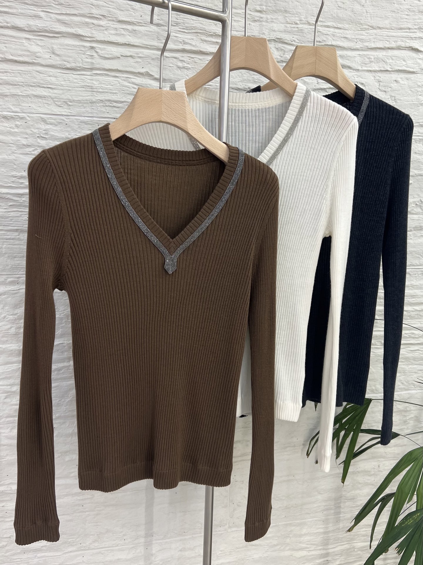 V-Neck Wool Blend Ribbed Knit Sweater for Women - Long Sleeve Pullover Top 3 i1753866469626 3022 0 1