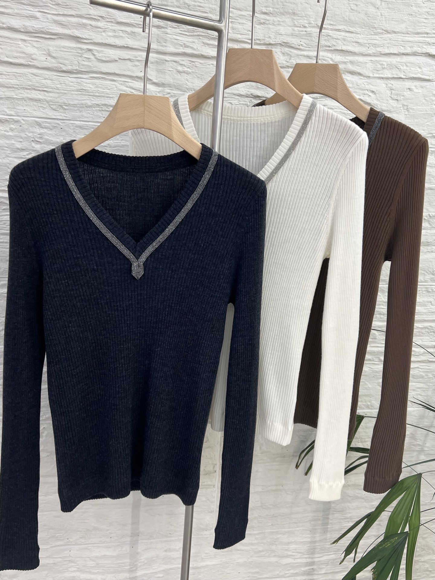 V-Neck Wool Blend Ribbed Knit Sweater for Women - Long Sleeve Pullover Top 6 i1753866508108 6142 0 4