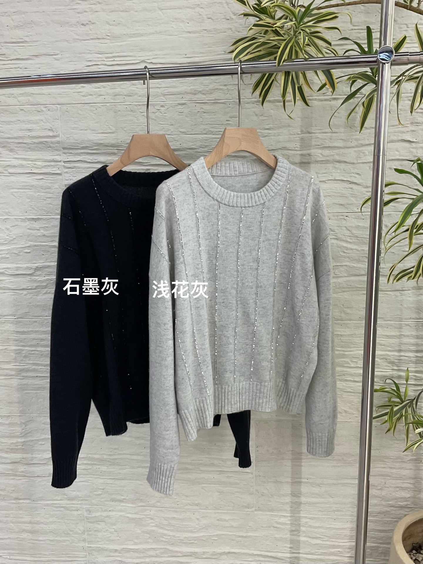 Pull en cachemire à col rond pour femme - Collection 2025, Gris anthracite et gris clair