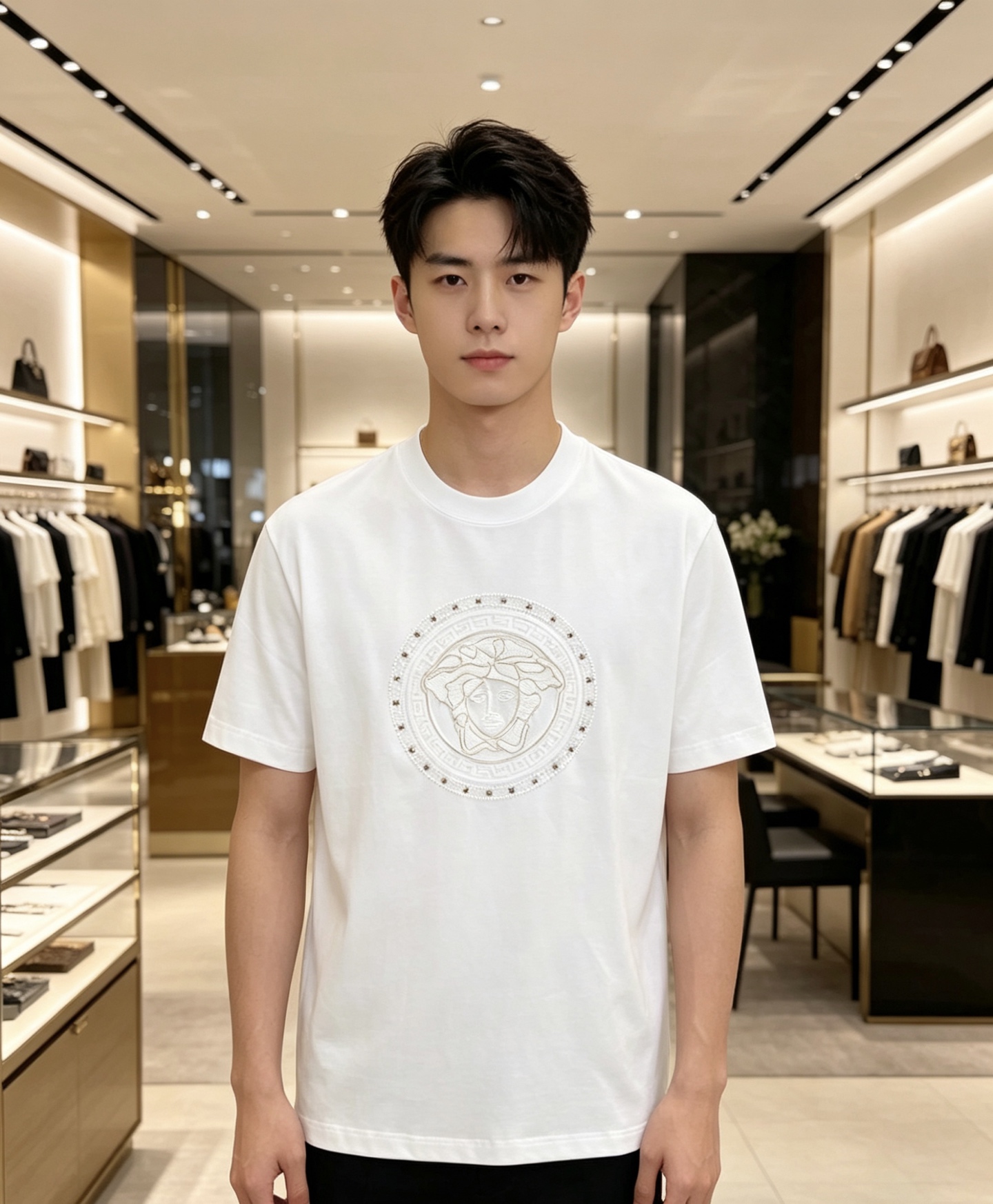 NO:839984,Versace 2026 spring and summer new style Versace Medusa embroidered short-sleeved T-shirt, the brand's iconic Medusa head embroidery is matched with a Greek key border, which has a kingly aura. The high-count cotton fabric is draped and crisp, and the three-dimensional embroidery technology is exquisite and full, showing the brand recognition in a low-key manner. The slightly loose shoulder cut is modified to modify the shoulder line, and the black/white two-tone color is suitable for all spring and summer outfits, and it is easy to achieve advanced casual style.  Size S-XXL,,versace,versace,T-shirt,tees,t-shirt,19860909范思哲 2026春夏新款 Versace美杜莎刺绣短袖T恤,品牌标志性美杜莎头像刺绣搭配希腊回纹边框,自带王者气场 高支棉面料垂坠挺括,立体刺绣工艺精致饱满,低调中尽显品牌辨识度 微宽松落肩剪裁修饰肩线,黑/白双色适配所有春夏穿搭,轻松拿捏高级休闲风 码数S-XXL,,versace,versace,T-shirt,tees，t-shirt,,Men's clothing