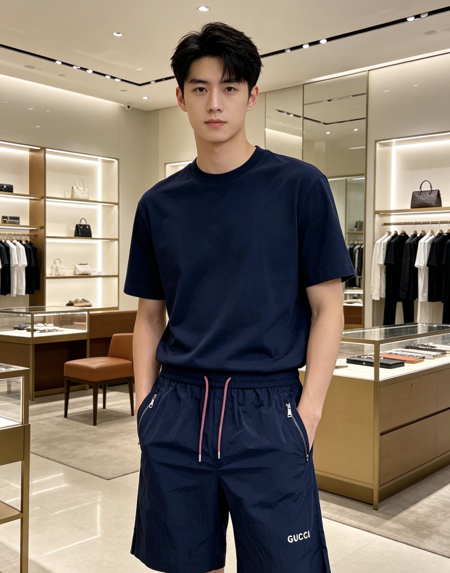 Gucci 古奇 2026ss夏季限定撞色抽绳休闲短裤，将品牌经典织带元素与清爽机能风巧妙融合，藏青/米