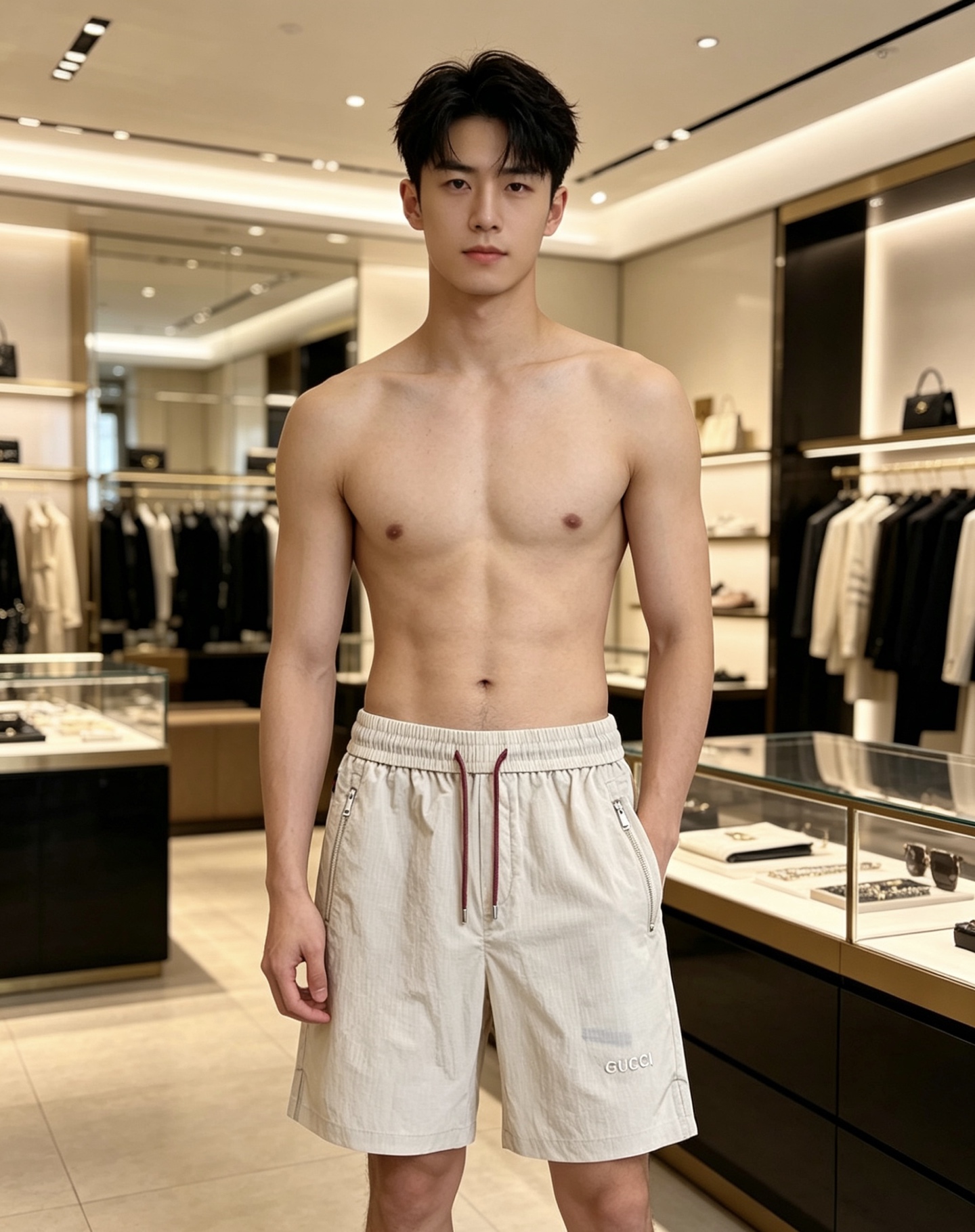 NO:840057,Gucci Gucci  The 2026ss summer limited edition contrasting color drawstring casual shorts cleverly combine the brand's classic webbing elements with refreshing functional style. They are available in navy blue/off-white and are suitable for a variety of summer styles. Made of high-density wrinkled nylon fabric, they are lightweight and breathable. The upper body is draped and stylish, without fear of stuffiness and wrinkles; the waistband is designed with a contrasting pink drawstring  Designed with classic red and green webbing details on the side, the brand genes can be recognized at a glance. The front zipper pocket is both practical and neat. The GUCCI letter logo on the front and the metal badge pocket on the back are low-key. The loose straight version modifies the leg shape. Whether you are commuting in the city or traveling on vacation, you can easily create a relaxed and noble summer style.  Color: navy blue, off-white, size 48-56,,gucci,shorts,19860909Gucci 古奇 2026ss夏季限定撞色抽绳休闲短裤,将品牌经典织带元素与清爽机能风巧妙融合,藏青/米白双色可选,适配多元夏日风格.甄选高密皱感尼龙面料打造,自带轻量透气属性,上身垂坠有型,无惧闷热与褶皱；腰头撞色粉调抽绳设计,搭配侧边经典红绿织带细节,一眼识别品牌基因.前侧拉链口袋兼顾实用与利落,正面GUCCI字母标识与背面金属徽章口袋低调点题,宽松直筒版型修饰腿型,无论是都市通勤还是度假出行,都能轻松塑造松弛显贵的夏日格调. 颜色藏青 米白 码数48-56,,gucci,shorts,,Men's clothing