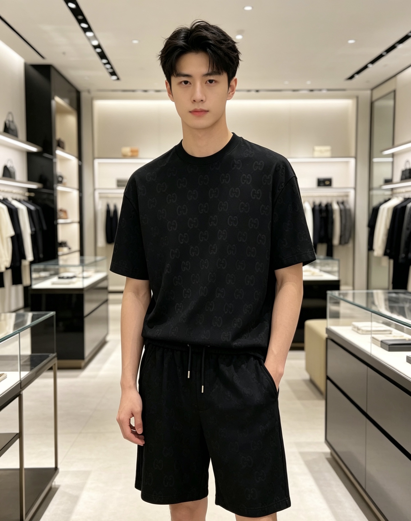 /套 Gucci 古奇 2026ss春夏最新款套装，男女同款，经典满印设计短袖T恤短裤套装，定制纯棉面料