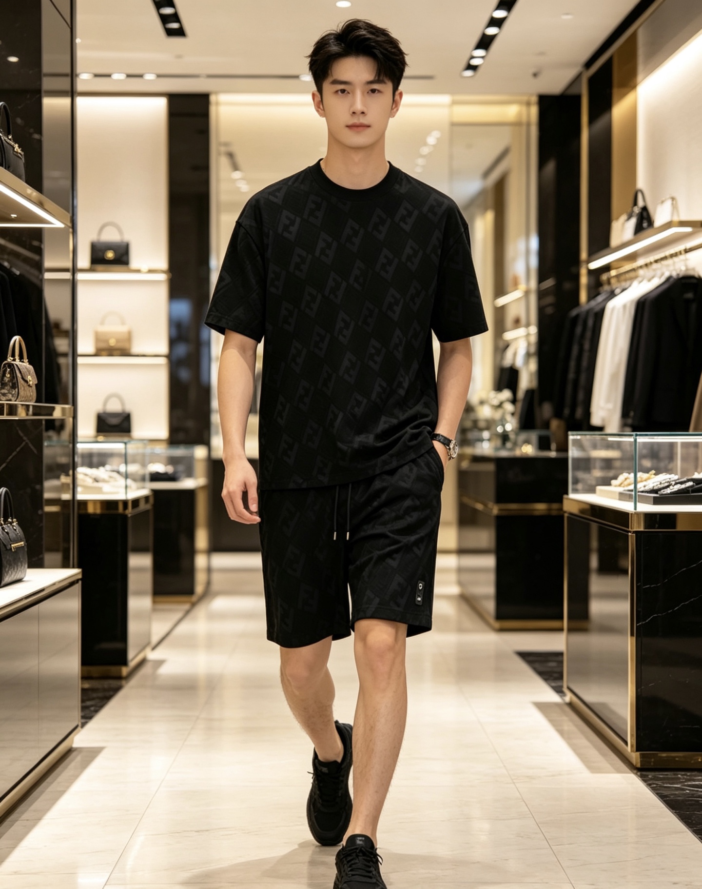 /套 Fendi 芬迪 2026ss春夏最新款套装，男女同款，经典满印设计短袖T恤短裤套装，定制纯棉面料