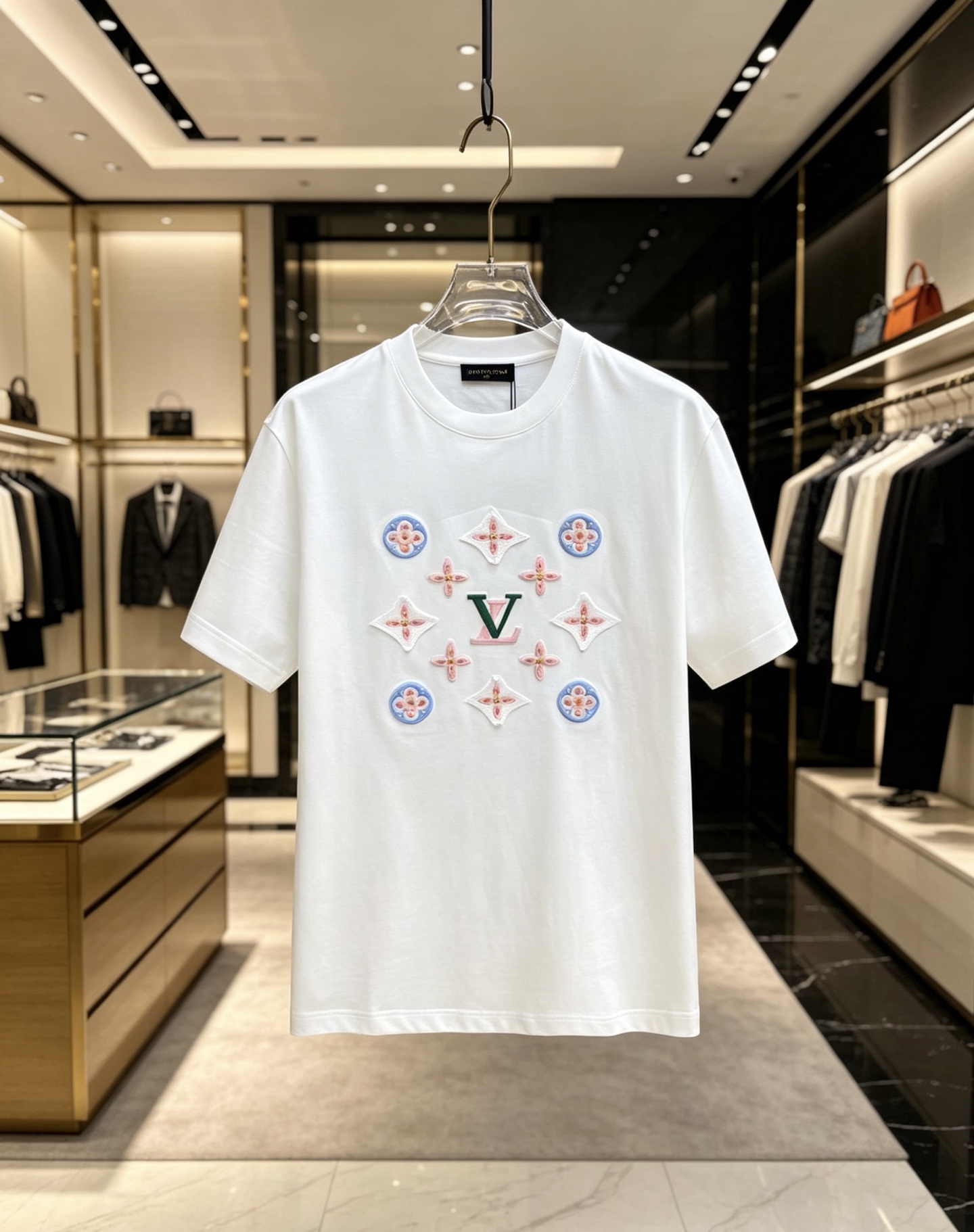 NO:847450,LV colorful embroidered presbyopic Tee | Wear the brand DNA on your body. 2026ss new spring and summer short-sleeved T-shirt. Classic Monogram presbyopic, re-injected into the macaron color system. Three-dimensional embroidery technology, pink four-leaf flower + blue round heraldry, superb layering. Loose off-shoulder tailoring, available in black/white. Low-key and non-colliding, the upper body has a relaxed and noble feeling. Size S-XXL, Louis  vuitton,T-shirt,tees,t-shirt,19860909LV彩色刺绣老花Tee | 把品牌DNA穿在身上 2026ss春夏新款短袖T恤 经典Monogram老花,被重新注入马卡龙色系 立体刺绣工艺,粉色四叶花+蓝调圆形纹章,层次超绝 宽松落肩剪裁,黑/白两色可选 低调不撞款,上身自带松弛贵气感 码数S-XXL,,louis vuitton,T-shirt,tees，t-shirt,,Men's clothing