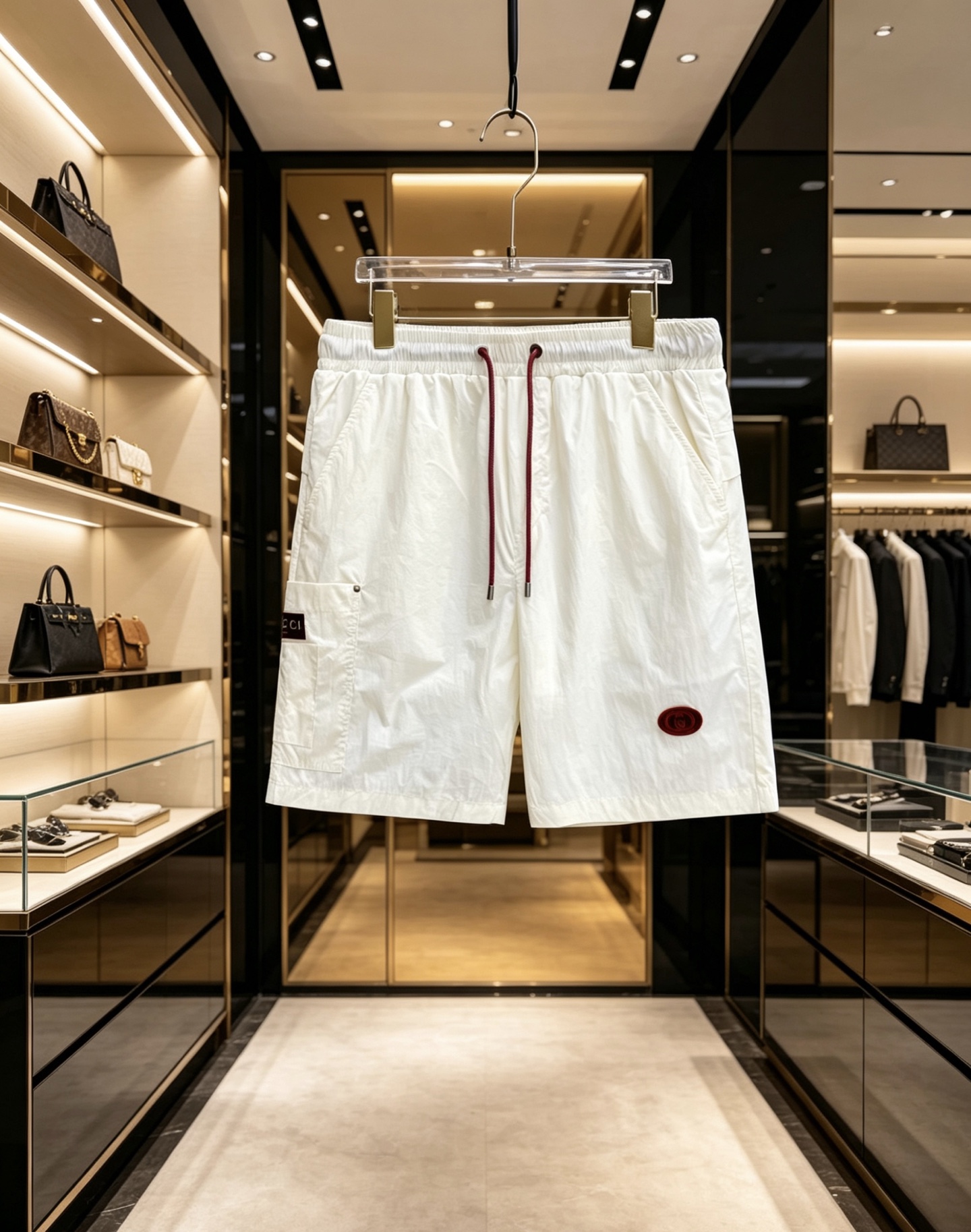 NO:847478,Gucci Gucci  2026ss summer contrast drawstring casual shorts, available in black/off-white, use the brand's iconic burgundy contrast color to reconstruct summer casual aesthetics. Made of high-density wrinkled nylon fabric, with lightweight and breathable texture, the upper body is draped and stylish, without fear of stuffiness and wrinkles; the waistband is designed with burgundy contrast drawstring  , with the same color brand logo details, injecting brand vitality at a glance. The three-dimensional work patch pockets on the side are equipped with metal buckles, the front oval logo and the back webbing logo strictly echo, and the neat straight version modifies the leg shape. Whether it is urban commuting or vacation travel, it can easily interpret the relaxed and noble high-end texture.  Size 48-56,,gucci,shorts,19860909Gucci 古奇 2026ss夏季撞色抽绳休闲短裤,黑/米白双色可选,以品牌标志性酒红撞色重构夏日休闲美学.甄选高密皱感尼龙面料打造,自带轻量透气肌理,上身垂坠有型,无惧闷热与褶皱；腰头酒红撞色抽绳设计,搭配同色系品牌标识细节,一眼注入品牌活力.侧面立体工装贴袋搭配金属扣,正面椭圆标与背面织带标严谨呼应,利落直筒版型修饰腿型,无论是都市通勤还是度假出行,皆能轻松演绎松弛显贵的高阶质感. 码数48-56,,gucci,shorts,,Men's clothing