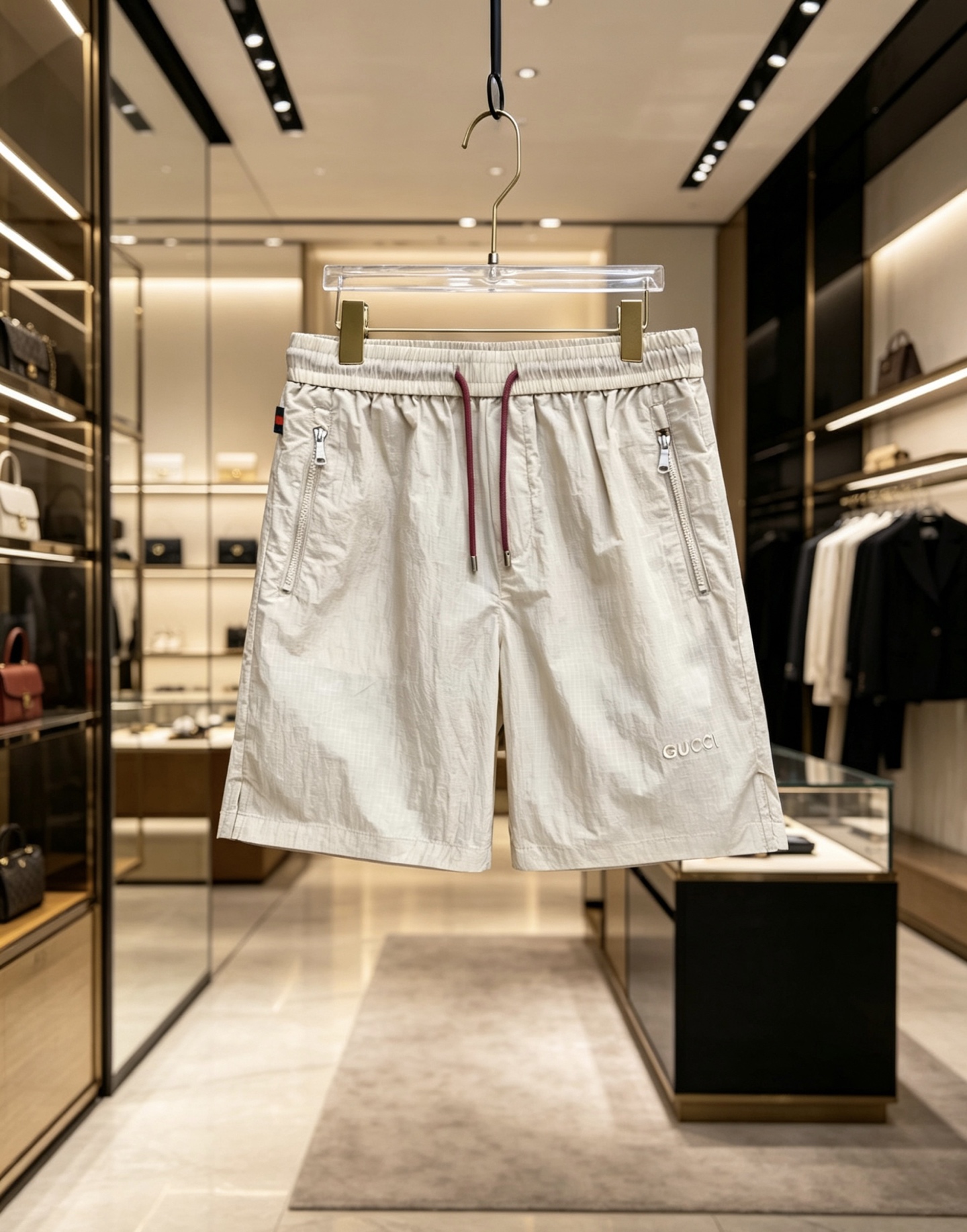 NO:847492,Gucci Gucci  The 2026ss summer limited edition contrasting color drawstring casual shorts cleverly combine the brand's classic webbing elements with refreshing functional style. They are available in navy blue/off-white and are suitable for a variety of summer styles. Made of high-density wrinkled nylon fabric, they are lightweight and breathable. The upper body is draped and stylish, without fear of stuffiness and wrinkles; the waistband is designed with a contrasting pink drawstring  Designed with classic red and green webbing details on the side, the brand genes can be recognized at a glance. The front zipper pocket is both practical and neat. The GUCCI letter logo on the front and the metal badge pocket on the back are low-key. The loose straight version modifies the leg shape. Whether you are commuting in the city or traveling on vacation, you can easily create a relaxed and noble summer style.  Color: navy blue, off-white, size 48-56,,gucci,shorts,19860909Gucci 古奇 2026ss夏季限定撞色抽绳休闲短裤,将品牌经典织带元素与清爽机能风巧妙融合,藏青/米白双色可选,适配多元夏日风格.甄选高密皱感尼龙面料打造,自带轻量透气属性,上身垂坠有型,无惧闷热与褶皱；腰头撞色粉调抽绳设计,搭配侧边经典红绿织带细节,一眼识别品牌基因.前侧拉链口袋兼顾实用与利落,正面GUCCI字母标识与背面金属徽章口袋低调点题,宽松直筒版型修饰腿型,无论是都市通勤还是度假出行,都能轻松塑造松弛显贵的夏日格调. 颜色藏青 米白 码数48-56,,gucci,shorts,,Men's clothing
