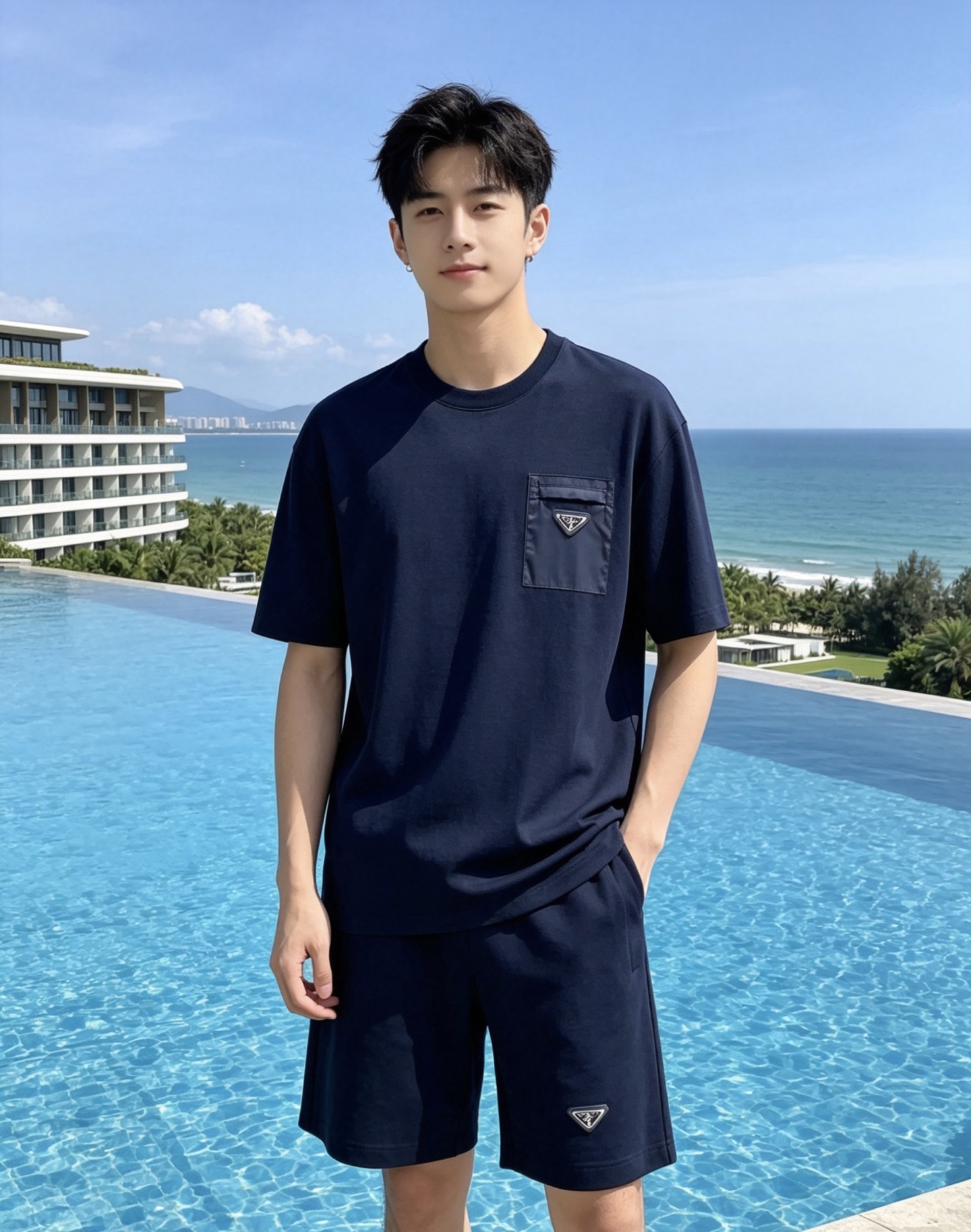 NO:856569,/ Set Prada 1956 Spring and Summer | Prada Triangle Pocket Set A set that captures the 'effortless sense of luxury'. The T-shirt is made of soft, skin-friendly high-count cotton, paired with tencel-like draped shorts of the same color. The nylon stitching on the pocket + the iconic triangle logo are low-key and recognizable. Available in black and white, the white is refreshing and clean, and the black is neat and cool. The whole set is effortless to wear out, relaxed and elegant.  Size 48-56 (there is color difference, mainly the hanging color), prada, prada, shorts, tees, t-shirt,19860909/套 Prada 普拉达1956 春夏｜Prada 三角标口袋套装 一套把“不费力的高级感”拿捏了. T恤是软糯亲肤的高支棉,搭配同色系天丝感垂坠短裤,口袋处的尼龙拼接+标志性三角标,低调又有辨识度. 黑白两色,白的清爽干净,黑的利落酷感,整套穿出门不用费脑搭配,松弛又显贵. 码数48-56（有色差,以挂拍颜色为主）,,prada,prada,shorts,tees，t-shirt,,Men's clothing