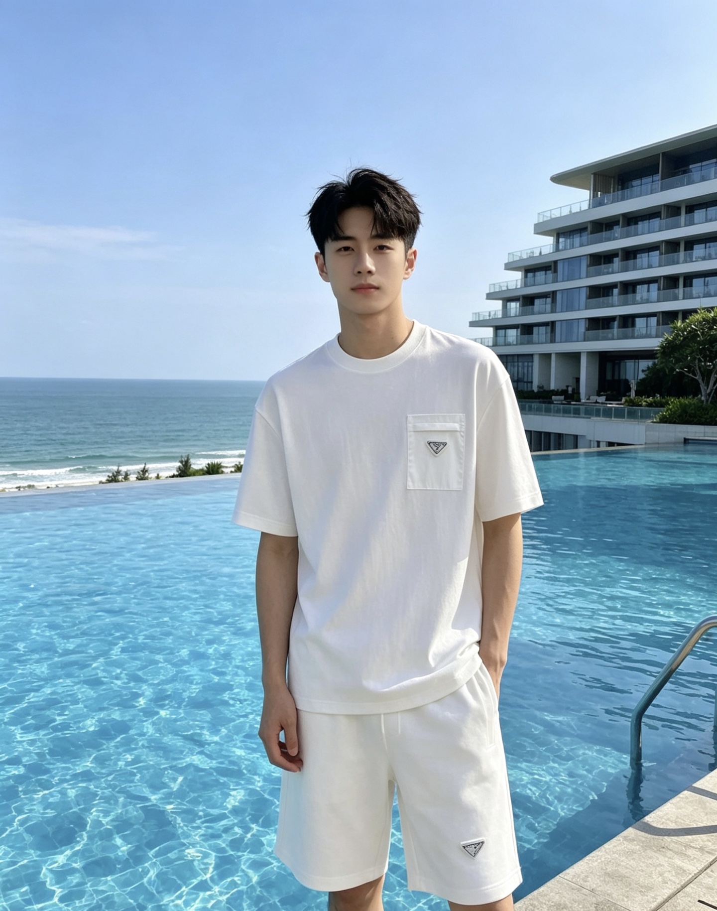 NO:856579,/ Set Prada 1956 Spring and Summer | Prada Triangle Pocket Set A set that captures the 'effortless sense of luxury'. The T-shirt is made of soft, skin-friendly high-count cotton, paired with tencel-like draped shorts of the same color. The nylon stitching on the pocket + the iconic triangle logo are low-key and recognizable. Available in black and white, the white is refreshing and clean, and the black is neat and cool. The whole set is effortless to wear out, relaxed and elegant.  Size 48-56,,prada,prada,shorts,tees,t-shirt,19860909/套 Prada 普拉达1956 春夏｜Prada 三角标口袋套装 一套把“不费力的高级感”拿捏了. T恤是软糯亲肤的高支棉,搭配同色系天丝感垂坠短裤,口袋处的尼龙拼接+标志性三角标,低调又有辨识度. 黑白两色,白的清爽干净,黑的利落酷感,整套穿出门不用费脑搭配,松弛又显贵. 码数48-56,,prada,prada,shorts,tees，t-shirt,,Men's clothing
