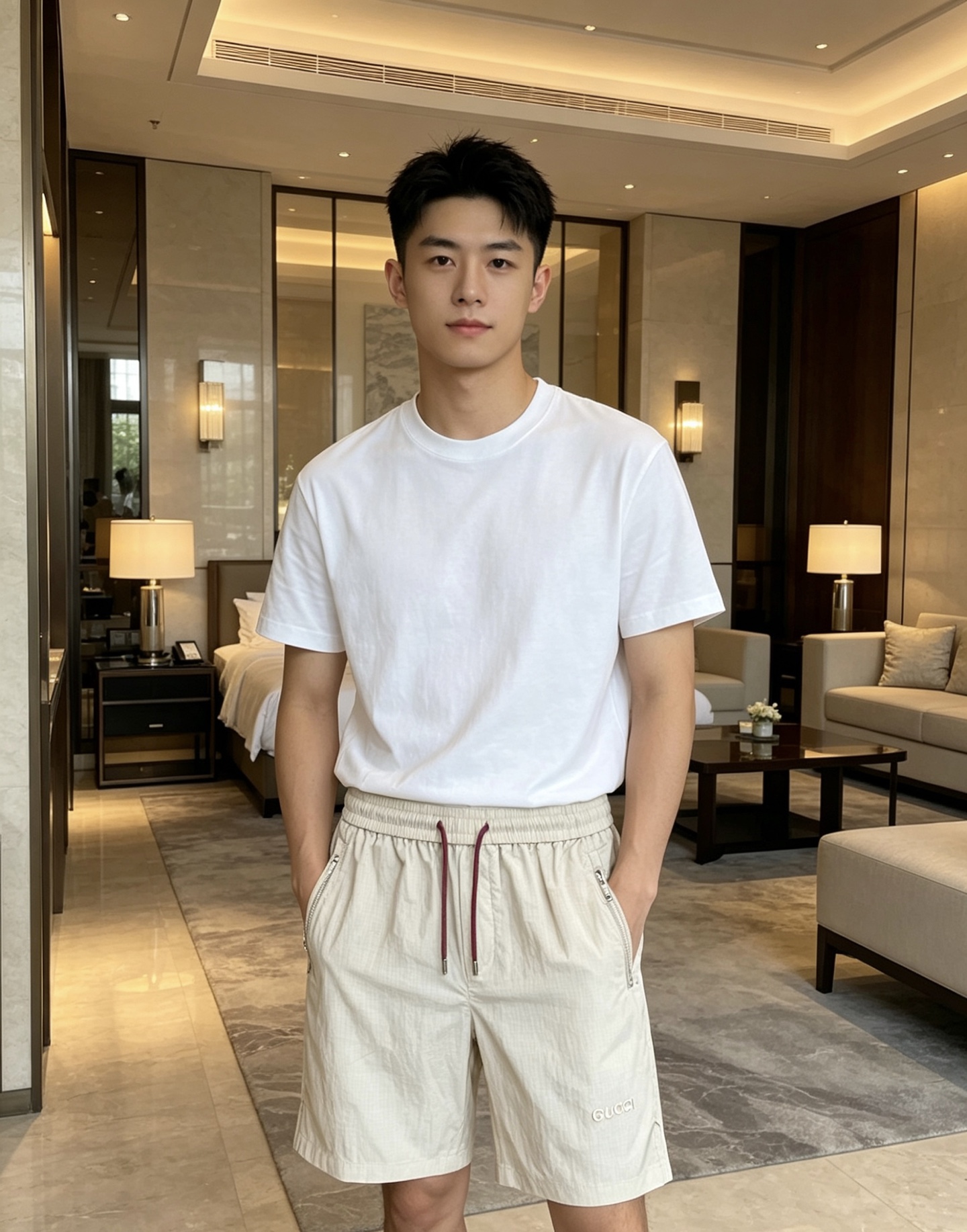 NO:875476,Gucci Gucci  The 2026ss summer limited edition contrasting color drawstring casual shorts cleverly combine the brand's classic webbing elements with refreshing functional style. They are available in navy blue/off-white and are suitable for a variety of summer styles. Made of high-density wrinkled nylon fabric, they are lightweight and breathable. The upper body is draped and stylish, without fear of stuffiness and wrinkles; the waistband is designed with a contrasting pink drawstring  Designed with classic red and green webbing details on the side, the brand genes can be recognized at a glance. The front zipper pocket is both practical and neat. The GUCCI letter logo on the front and the metal badge pocket on the back are low-key. The loose straight version modifies the leg shape. Whether you are commuting in the city or traveling on vacation, you can easily create a relaxed and noble summer style.  Color: navy blue, off-white, size 48-56,,gucci,shorts,19860909Gucci 古奇 2026ss夏季限定撞色抽绳休闲短裤,将品牌经典织带元素与清爽机能风巧妙融合,藏青/米白双色可选,适配多元夏日风格.甄选高密皱感尼龙面料打造,自带轻量透气属性,上身垂坠有型,无惧闷热与褶皱；腰头撞色粉调抽绳设计,搭配侧边经典红绿织带细节,一眼识别品牌基因.前侧拉链口袋兼顾实用与利落,正面GUCCI字母标识与背面金属徽章口袋低调点题,宽松直筒版型修饰腿型,无论是都市通勤还是度假出行,都能轻松塑造松弛显贵的夏日格调. 颜色藏青 米白 码数48-56,,gucci,shorts,,Men's clothing