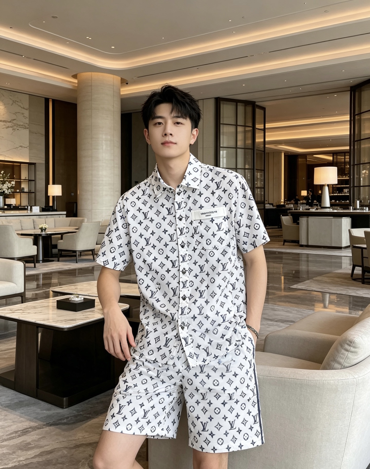 NO:875505,/set LV 2026 spring and summer presbyopia suit, lazy people can just close their eyes and buy it!  The fabric has an extremely light satin texture, drapes silky, and has a cool feeling. It is refreshing and not sweaty when worn in summer. The classic presbyopia is printed with the Monogram logo, making it highly recognizable, and the upper body has a noble buff. The details are full of brand logos on the chest pockets of the shirt, and the contrast webbing on the side of the shorts is low-key and exquisite. Three colors are available: black and gray for calmness, white and gray for refreshing, and blue and pink for eye-catching, suitable for different styles.  The good news for lazy people is that the shirt + shorts are a complete set. You don’t have to worry about putting them together when you go out. You can wear them on vacation or every day!  Size 48-56,,louis vuitton,shorts,shirts,19860909/套 LV 2026春夏老花套装,懒人直接闭眼入！ 面料绝了轻薄缎面质感,垂坠丝滑,自带凉感,夏天穿清爽不闷汗 经典老花加持满印Monogram标识,辨识度拉满,上身自带贵气buff 细节拉满衬衫胸口口袋品牌标识,短裤侧边撞色织带,低调又精致 三色可选黑灰沉稳、白灰清爽、蓝粉亮眼,适配不同风格 懒人福音衬衫+短裤成套搭配,出门不用费心组合,度假/日常都能穿！ 码数48-56,,louis vuitton,shorts,shirts,,Men's clothing