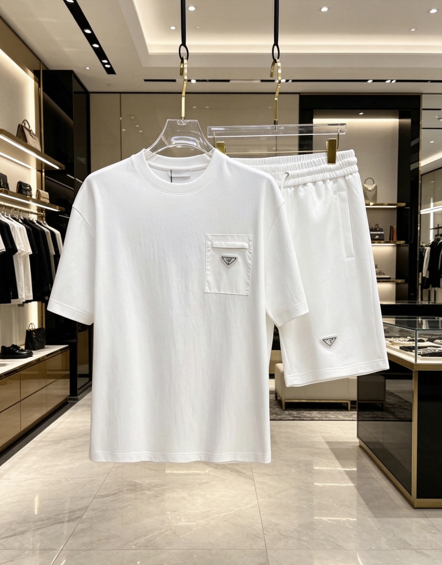 NO:931582,/ Set Prada 1911 Spring and Summer | Prada Triangle Pocket Set A set that captures the 'effortless sense of luxury'. The T-shirt is made of soft, skin-friendly high-count cotton, paired with tencel-like drape shorts of the same color. The nylon stitching on the pocket + the iconic triangle logo are low-key and recognizable. Available in black and white, the white is refreshing and clean, and the black is neat and cool. The whole set is effortless to wear out, relaxed and elegant.  Size 48-56,,prada,prada,shorts,tees,t-shirt,19860909/套 Prada 普拉达1911 春夏｜Prada 三角标口袋套装 一套把“不费力的高级感”拿捏了. T恤是软糯亲肤的高支棉,搭配同色系天丝感垂坠短裤,口袋处的尼龙拼接+标志性三角标,低调又有辨识度. 黑白两色,白的清爽干净,黑的利落酷感,整套穿出门不用费脑搭配,松弛又显贵. 码数48-56,,prada,prada,shorts,tees，t-shirt,,Men's clothing