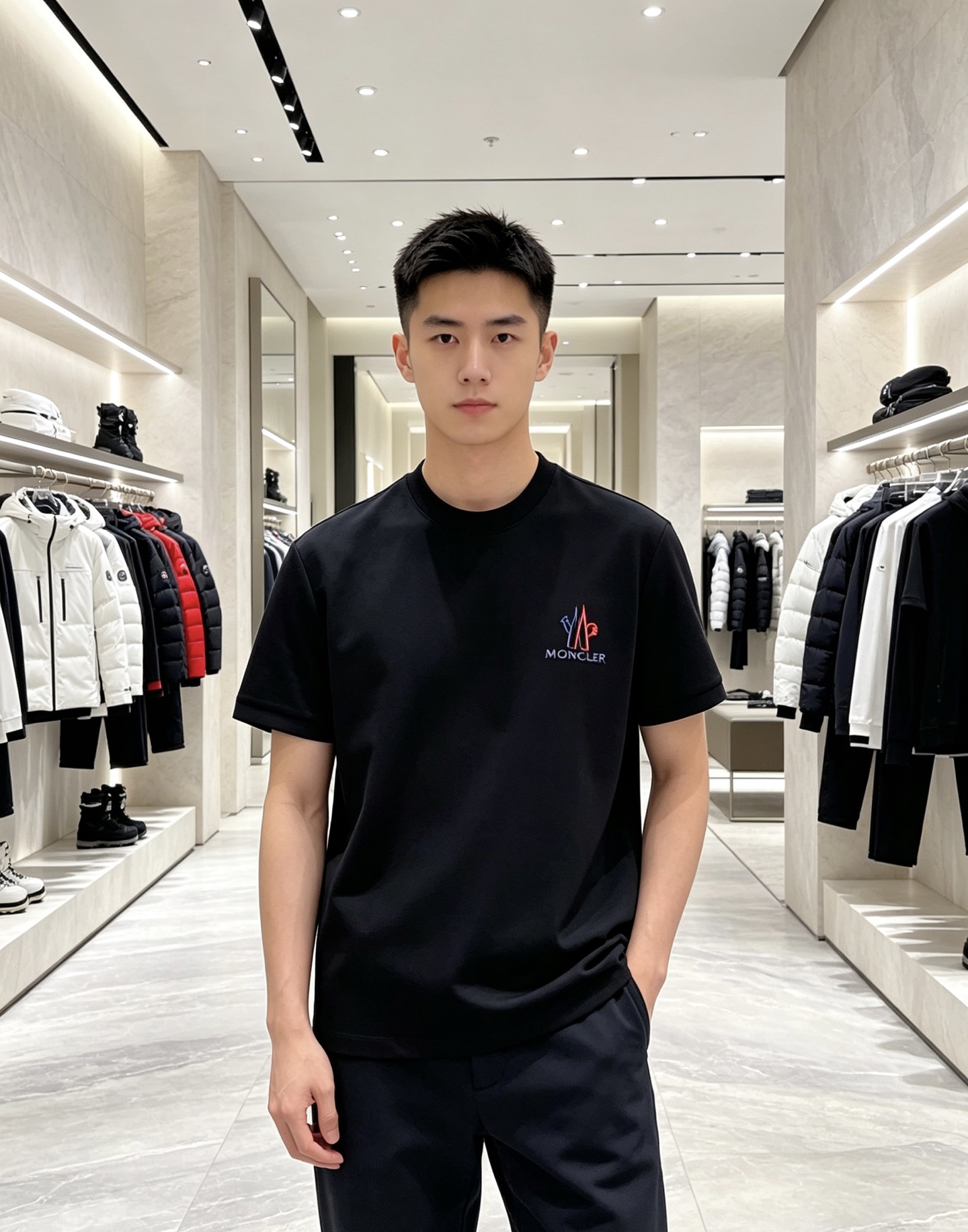 Moncler 蒙口 2026秋冬新品短袖打底T恤 极简圆领剪裁，空气层重磅面料软糯挺括 胸前彩色刺绣标识低调有质感，不
