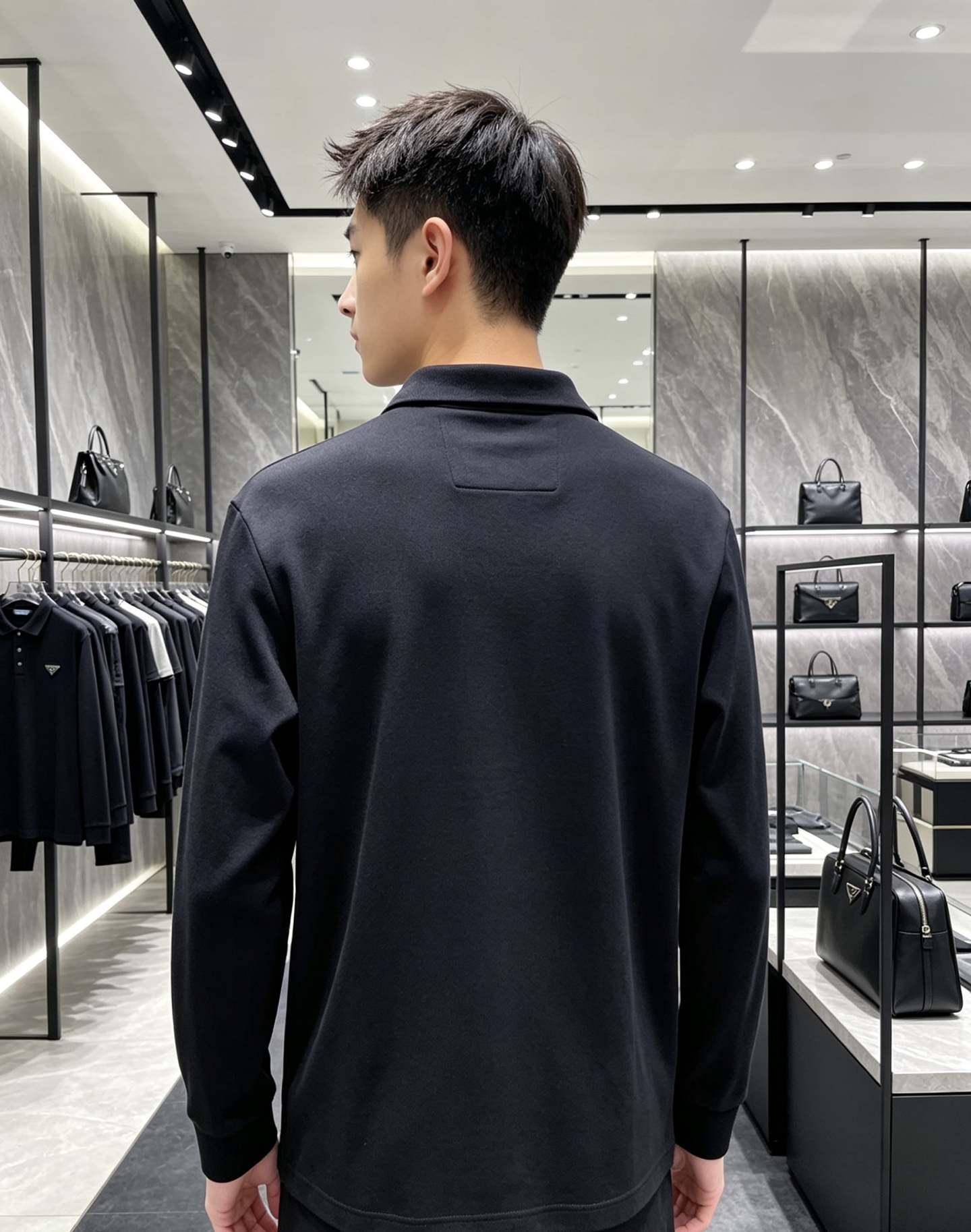 Prada 普拉达 2026秋冬三角金属标长袖Polo 高密细腻珠地棉面料，柔软亲肤，上身挺括有型，久穿不易起皱变形 简
