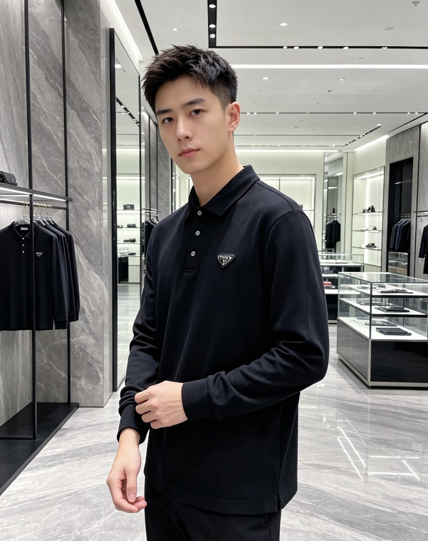 Prada 普拉达 2026秋冬三角金属标长袖Polo 高密细腻珠地棉面料，柔软亲肤，上身挺括有型，久穿不易起皱变形 简