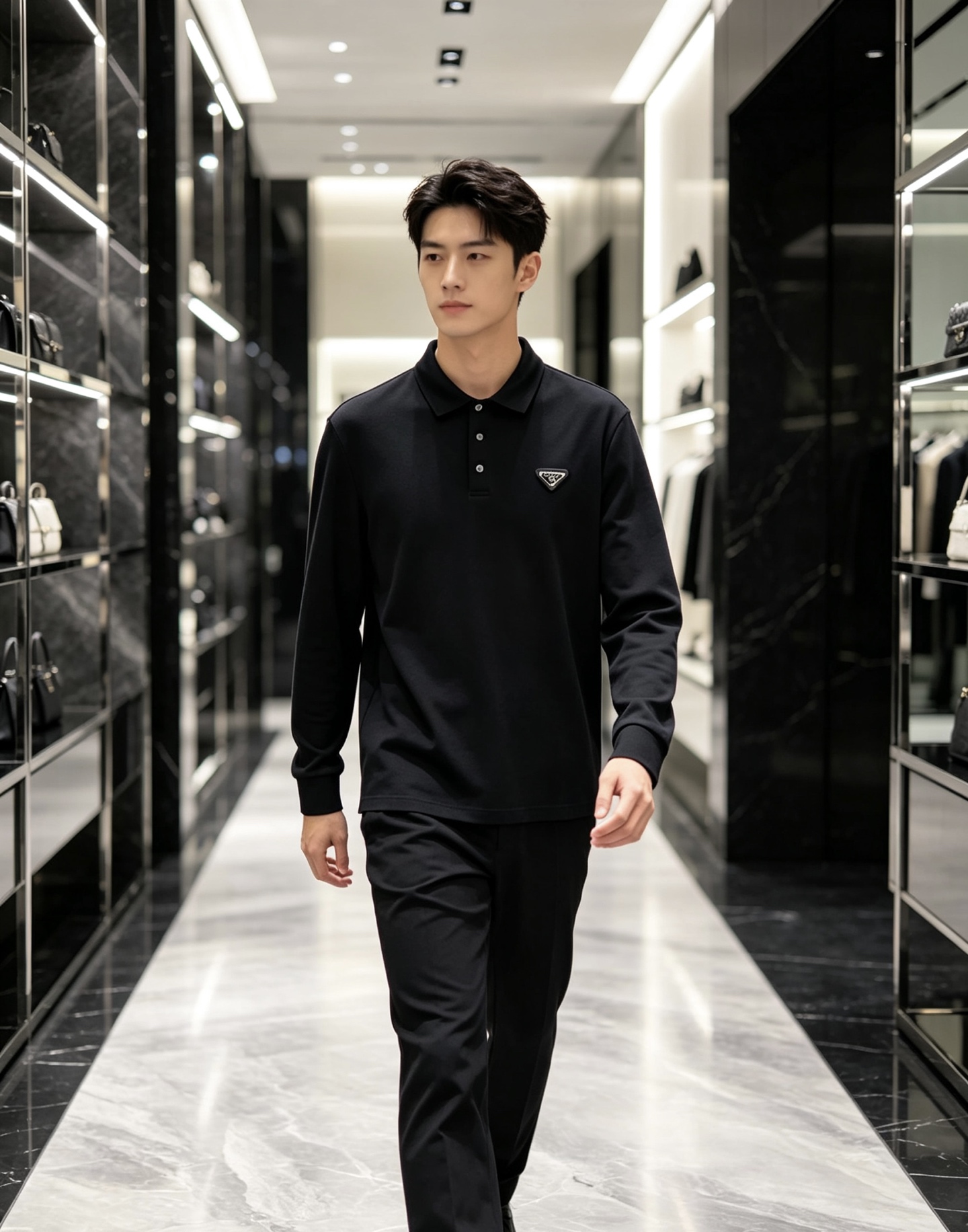 Prada 普拉达 2026秋冬三角金属标长袖Polo 高密细腻珠地棉面料，柔软亲肤，上身挺括有型，久穿不易起皱变形 简