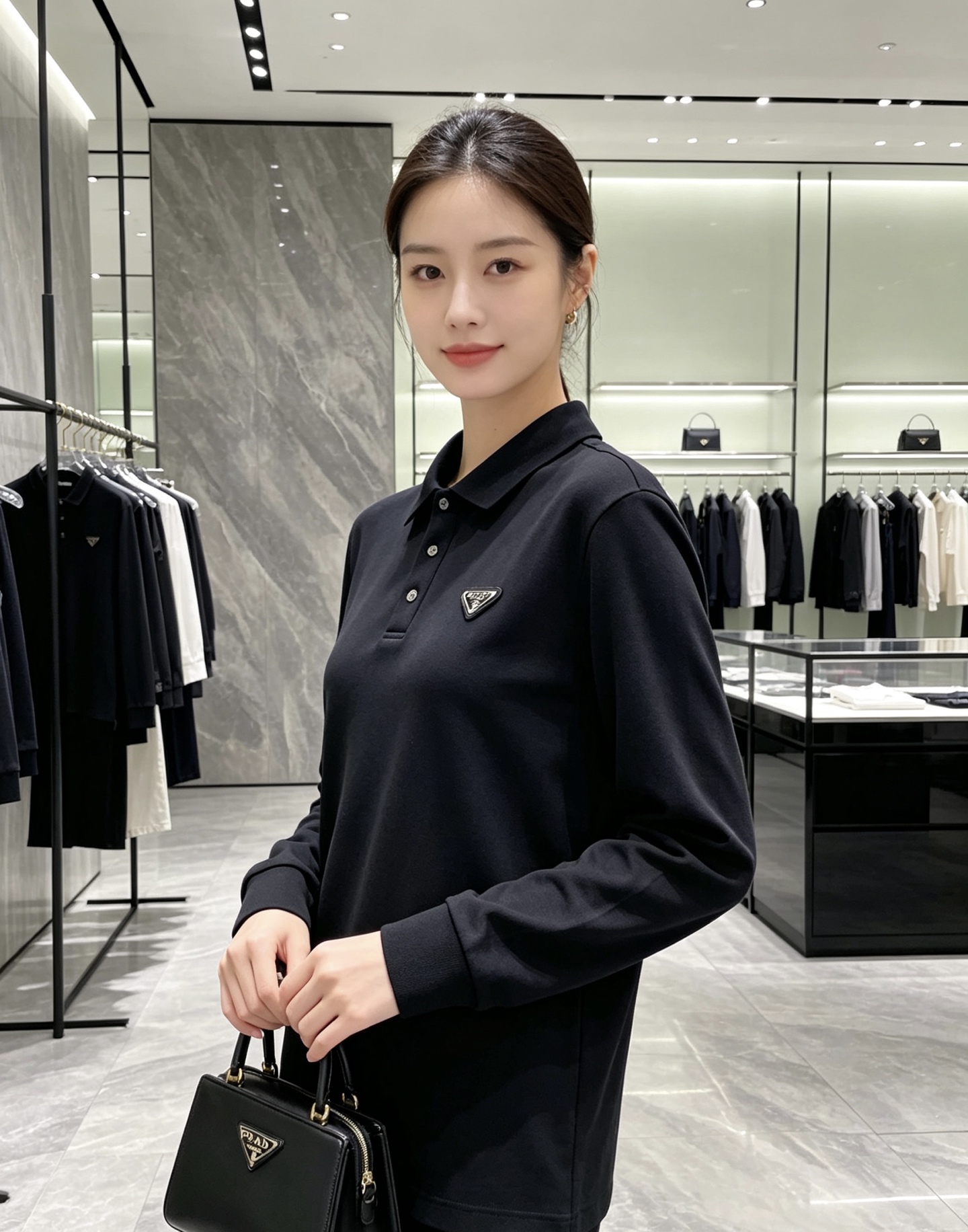 Prada 普拉达 2026秋冬三角金属标长袖Polo 高密细腻珠地棉面料，柔软亲肤，上身挺括有型，久穿不易起皱变形 简