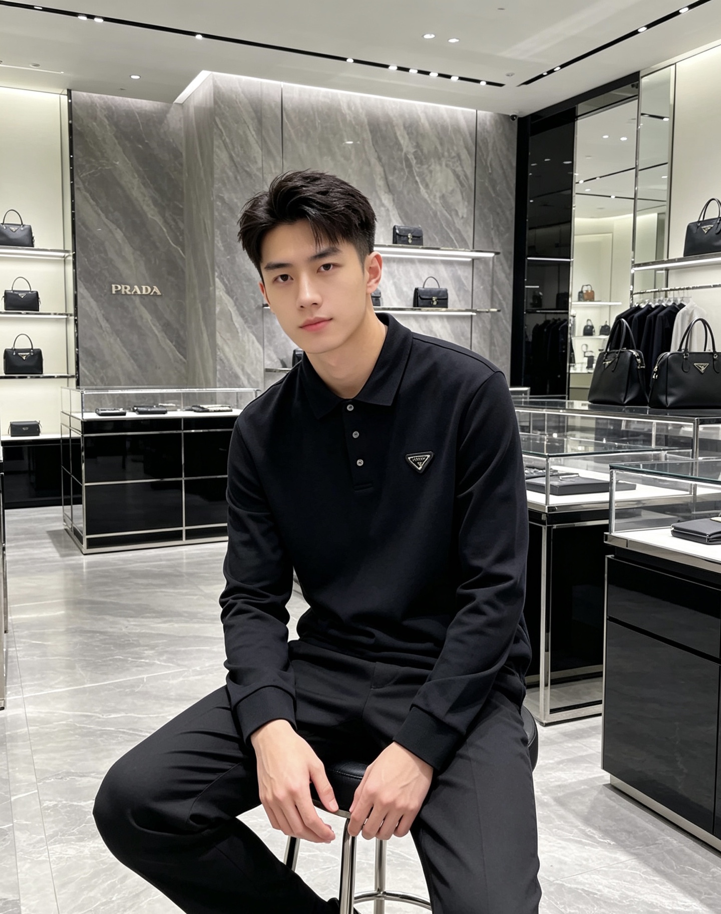 Prada 普拉达 2026秋冬三角金属标长袖Polo 高密细腻珠地棉面料，柔软亲肤，上身挺括有型，久穿不易起皱变形 简