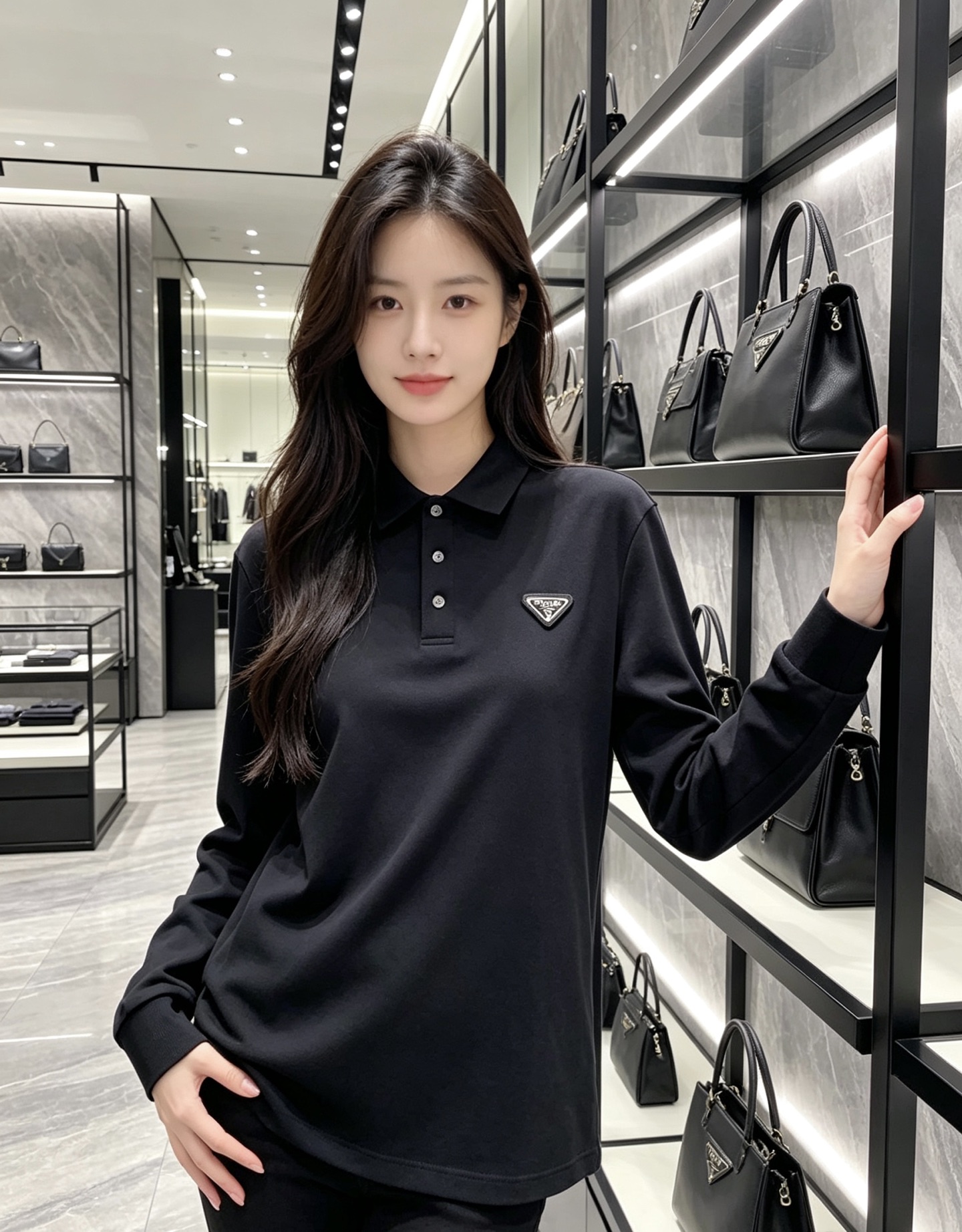 Prada 普拉达 2026秋冬三角金属标长袖Polo 高密细腻珠地棉面料，柔软亲肤，上身挺括有型，久穿不易起皱变形 简