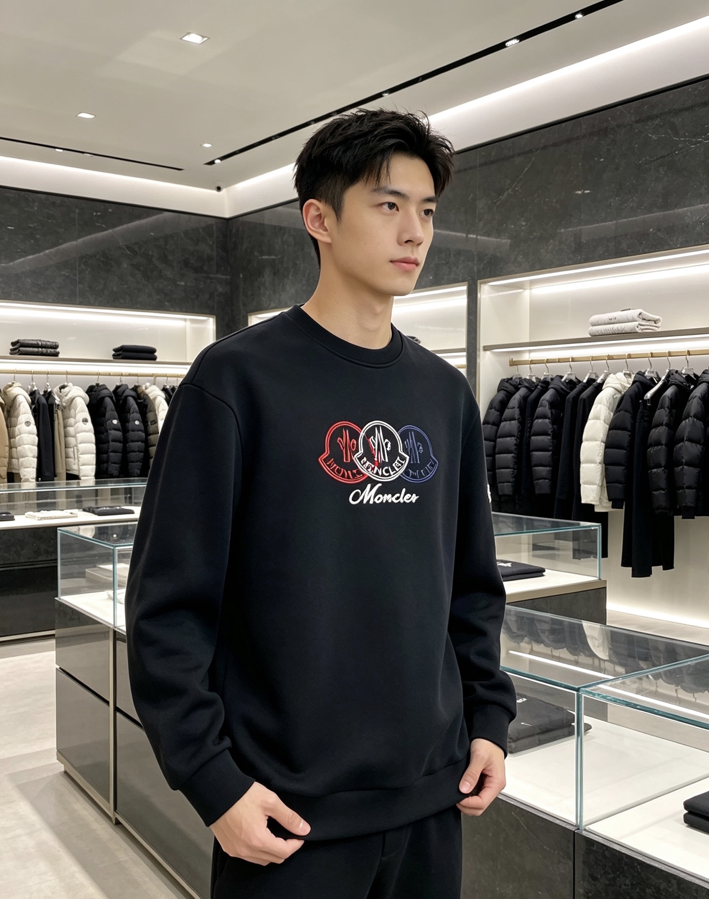 Moncler 蒙口 2026秋冬新款圆领卫衣 采用高密空气层面料，透气不闷，垂感十足，久穿不易起皱 胸前三色徽章立体刺