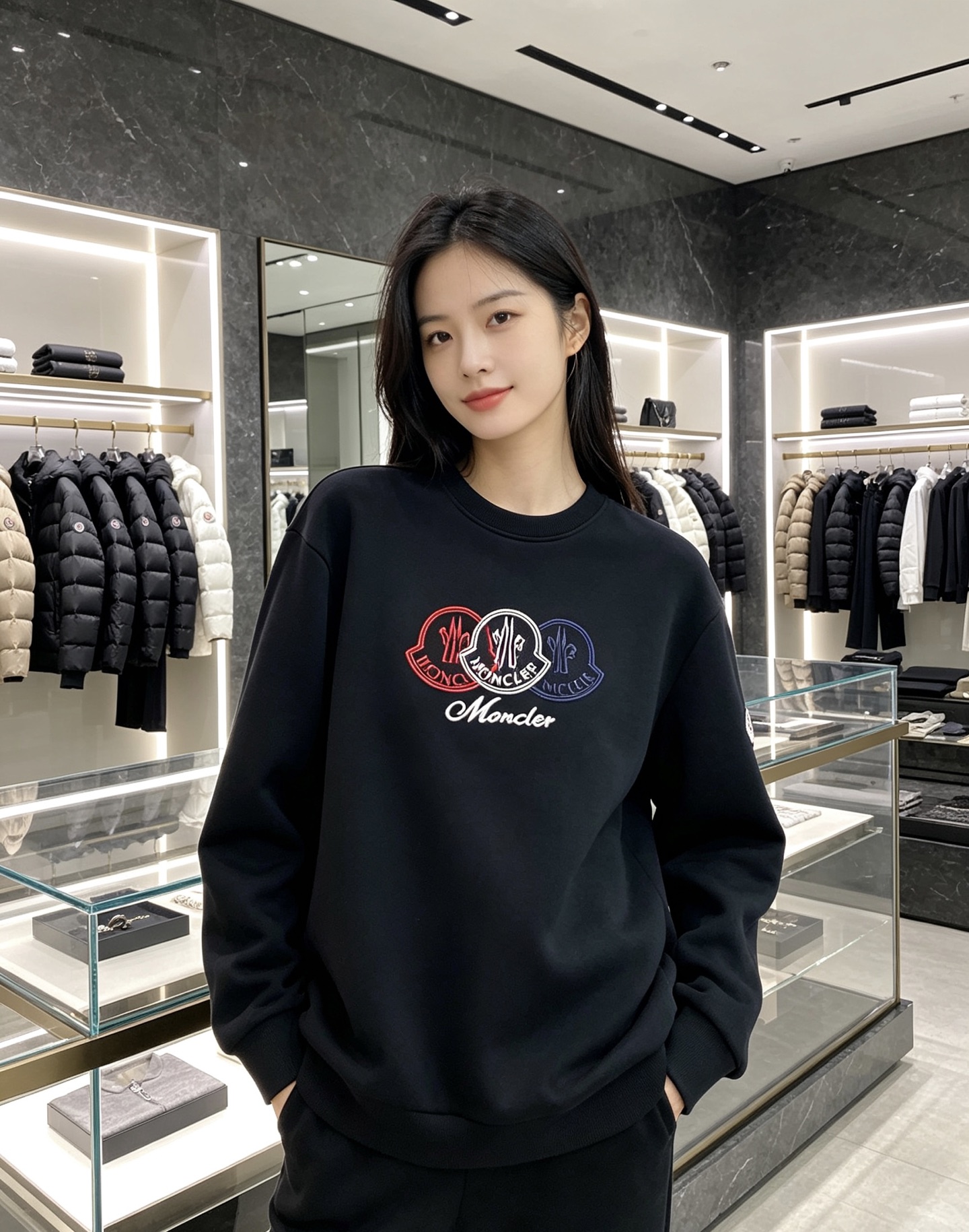 Moncler 蒙口 2026秋冬新款圆领卫衣 采用高密空气层面料，透气不闷，垂感十足，久穿不易起皱 胸前三色徽章立体刺
