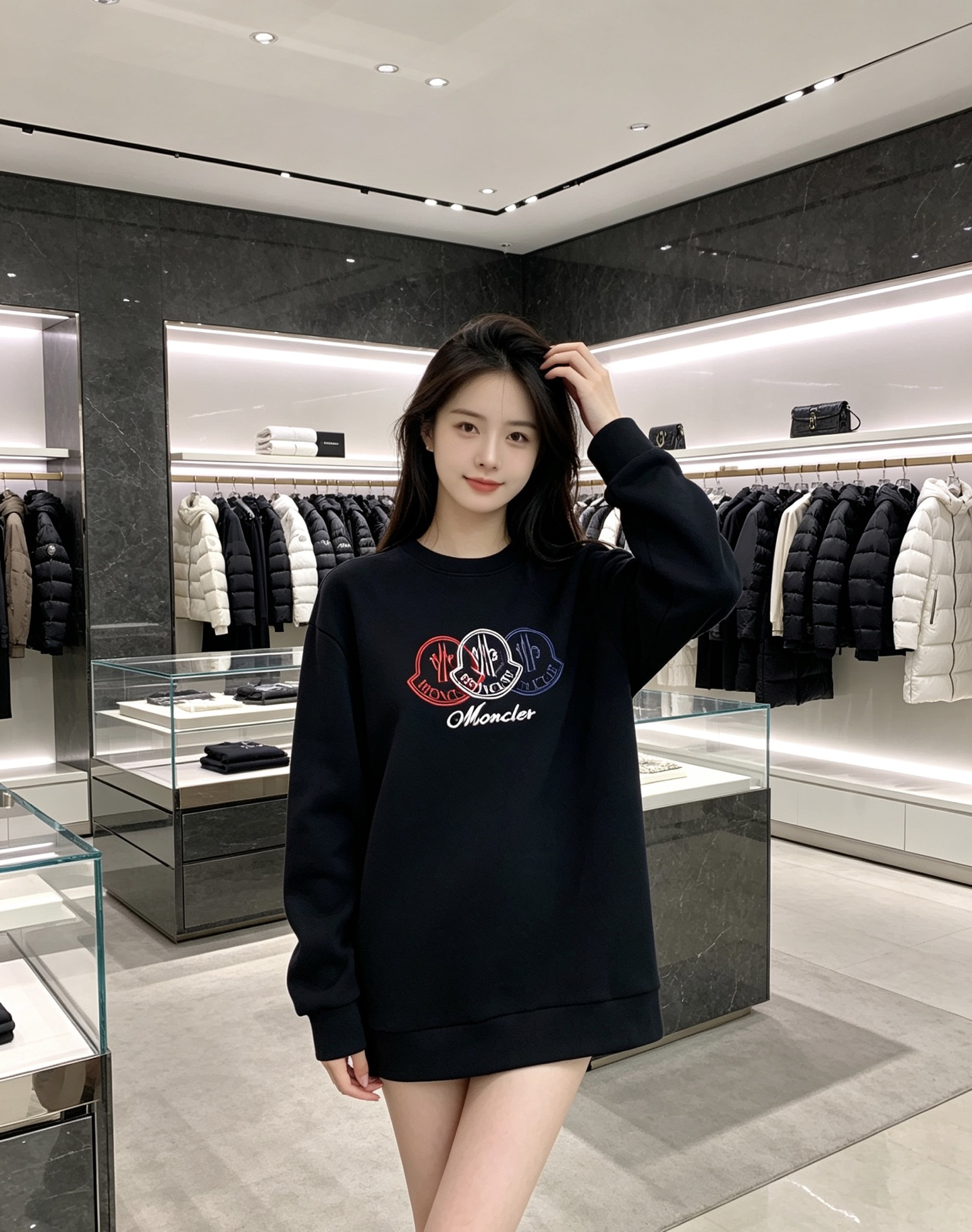 Moncler 蒙口 2026秋冬新款圆领卫衣 采用高密空气层面料，透气不闷，垂感十足，久穿不易起皱 胸前三色徽章立体刺