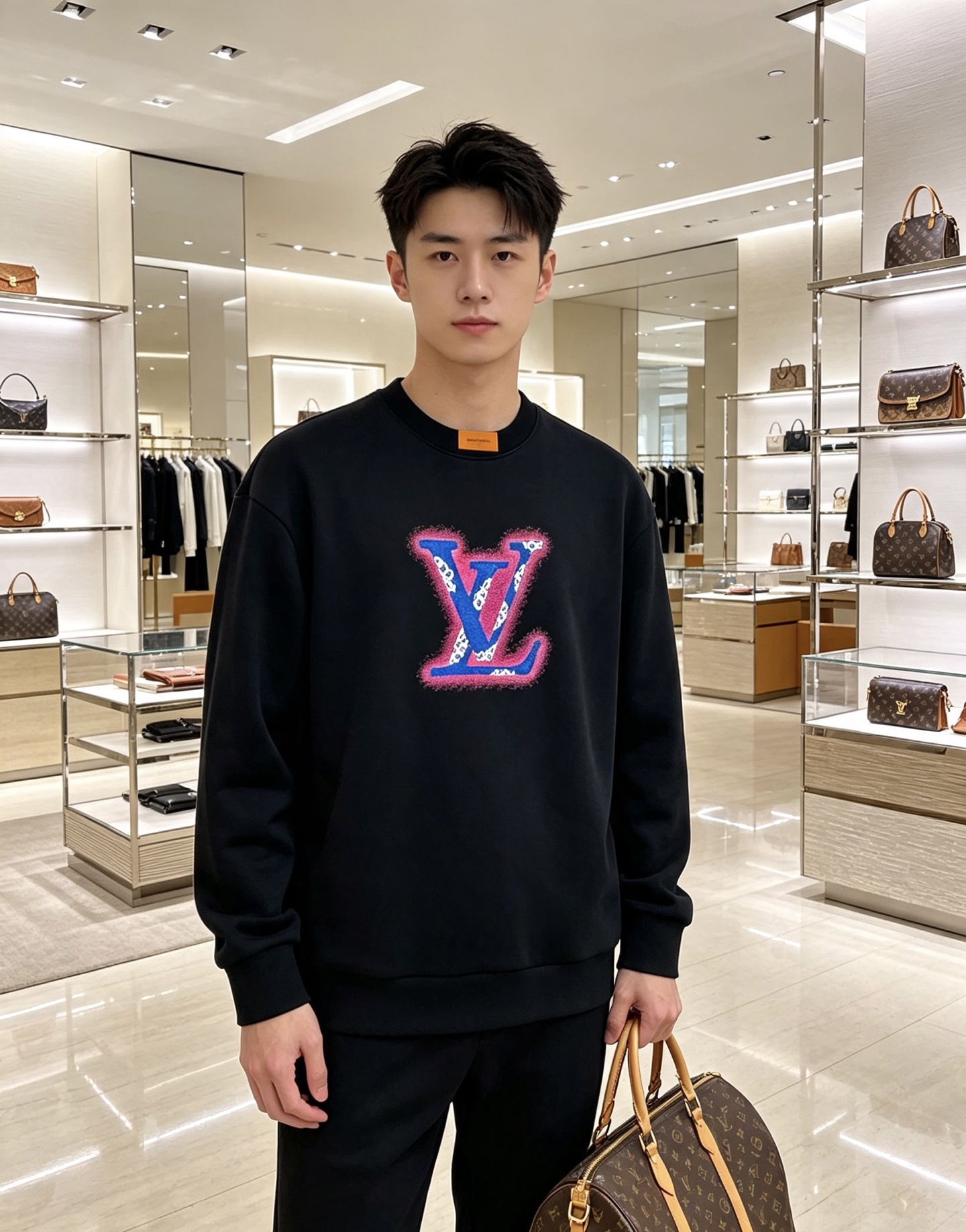 Louis Vuitton 路易威登 2026春夏粉蓝喷绘老花LV标识圆领卫衣 原版辅料完整复刻，高品质空气层面料，柔软