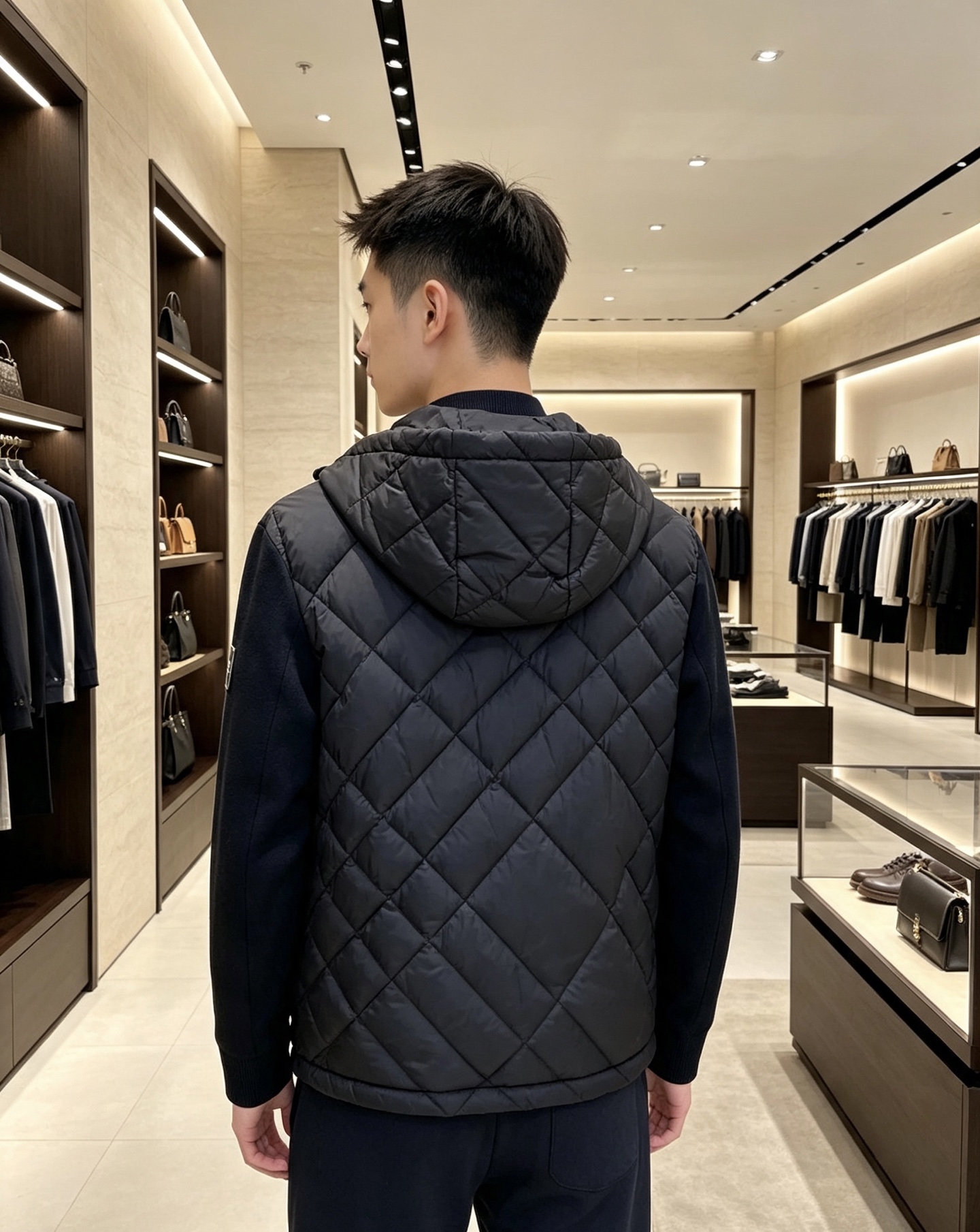 Burberry 巴宝莉 2026秋冬轻熟风菱格连帽羽绒服，菱形分格充绒，上身轻盈蓬松不压身；衣身羽绒面料搭配针织拼接衣