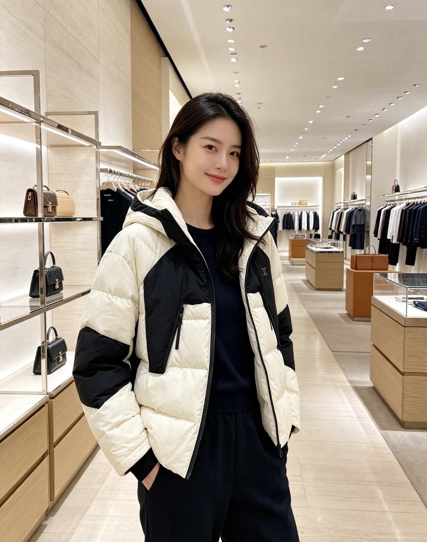 Lv 2026秋冬新款潮流爆款黑白撞色连帽羽绒服,男女同款,实体店超好走量。 衣身低调暗纹老花满印,高密防钻绒面料,分格 Lv 2026秋冬新款潮流爆款黑白撞色连帽羽绒服,男女同款,实体店超好走量。 衣身低调暗纹老花满印,高密防钻绒面料,分格