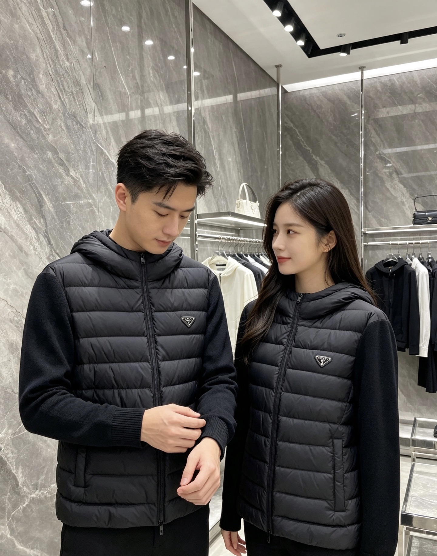 Prada 普拉达 2026秋冬新款拼接连帽轻薄羽绒服 前片竖条充棉分区锁温,侧边搭配弹力针织袖,上身完全不臃肿 胸口经 Prada 普拉达 2026秋冬新款拼接连帽轻薄羽绒服 前片竖条充棉分区锁温,侧边搭配弹力针织袖,上身完全不臃肿 胸口经