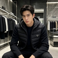 Prada 普拉达 2026秋冬新款拼接连帽轻薄羽绒服 前片竖条充棉分区锁温,侧边搭配弹力针织袖,上身完全不臃肿 胸口经 Prada 普拉达 2026秋冬新款拼接连帽轻薄羽绒服 前片竖条充棉分区锁温,侧边搭配弹力针织袖,上身完全不臃肿 胸口经