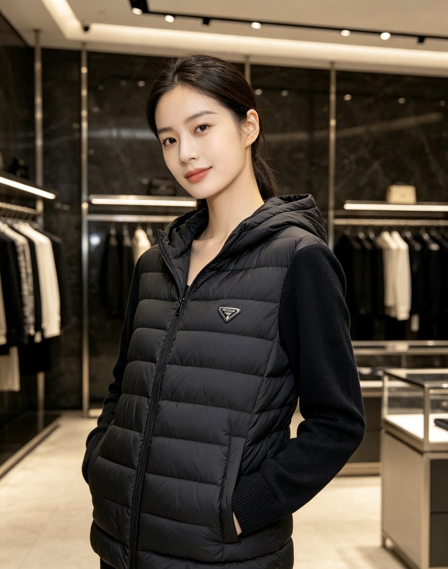 Prada 普拉达 2026秋冬新款拼接连帽轻薄羽绒服 前片竖条充棉分区锁温,侧边搭配弹力针织袖,上身完全不臃肿 胸口经 Prada 普拉达 2026秋冬新款拼接连帽轻薄羽绒服 前片竖条充棉分区锁温,侧边搭配弹力针织袖,上身完全不臃肿 胸口经