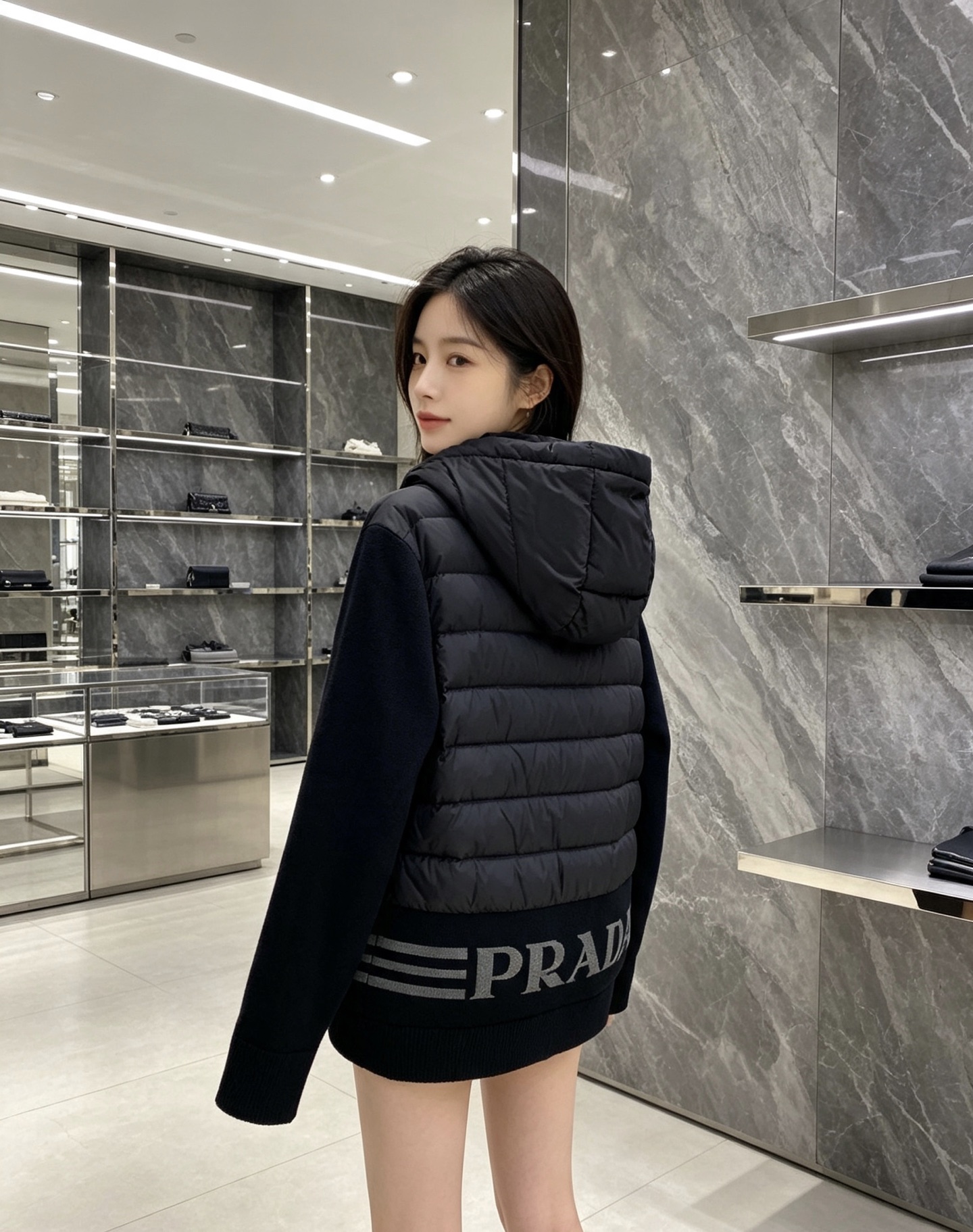 Prada 普拉达 2026秋冬新款拼接连帽轻薄羽绒服 前片竖条充棉分区锁温,侧边搭配弹力针织袖,上身完全不臃肿 胸口经 Prada 普拉达 2026秋冬新款拼接连帽轻薄羽绒服 前片竖条充棉分区锁温,侧边搭配弹力针织袖,上身完全不臃肿 胸口经
