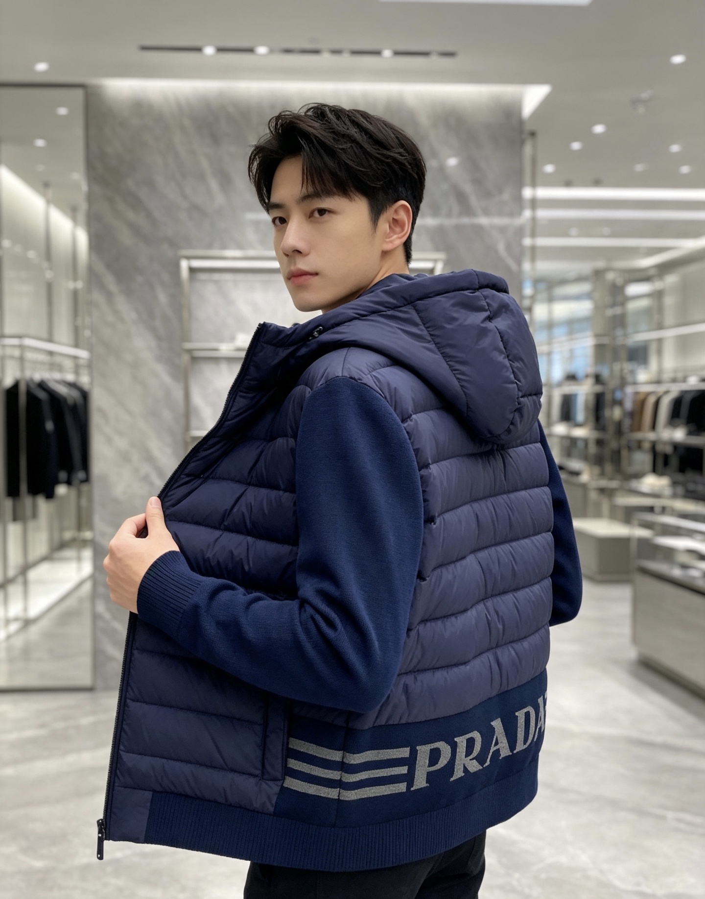 Prada 普拉达 2026秋冬新款拼接连帽轻薄羽绒服 前片竖条充棉分区锁温,侧边搭配弹力针织袖,上身完全不臃肿 胸口经 Prada 普拉达 2026秋冬新款拼接连帽轻薄羽绒服 前片竖条充棉分区锁温,侧边搭配弹力针织袖,上身完全不臃肿 胸口经