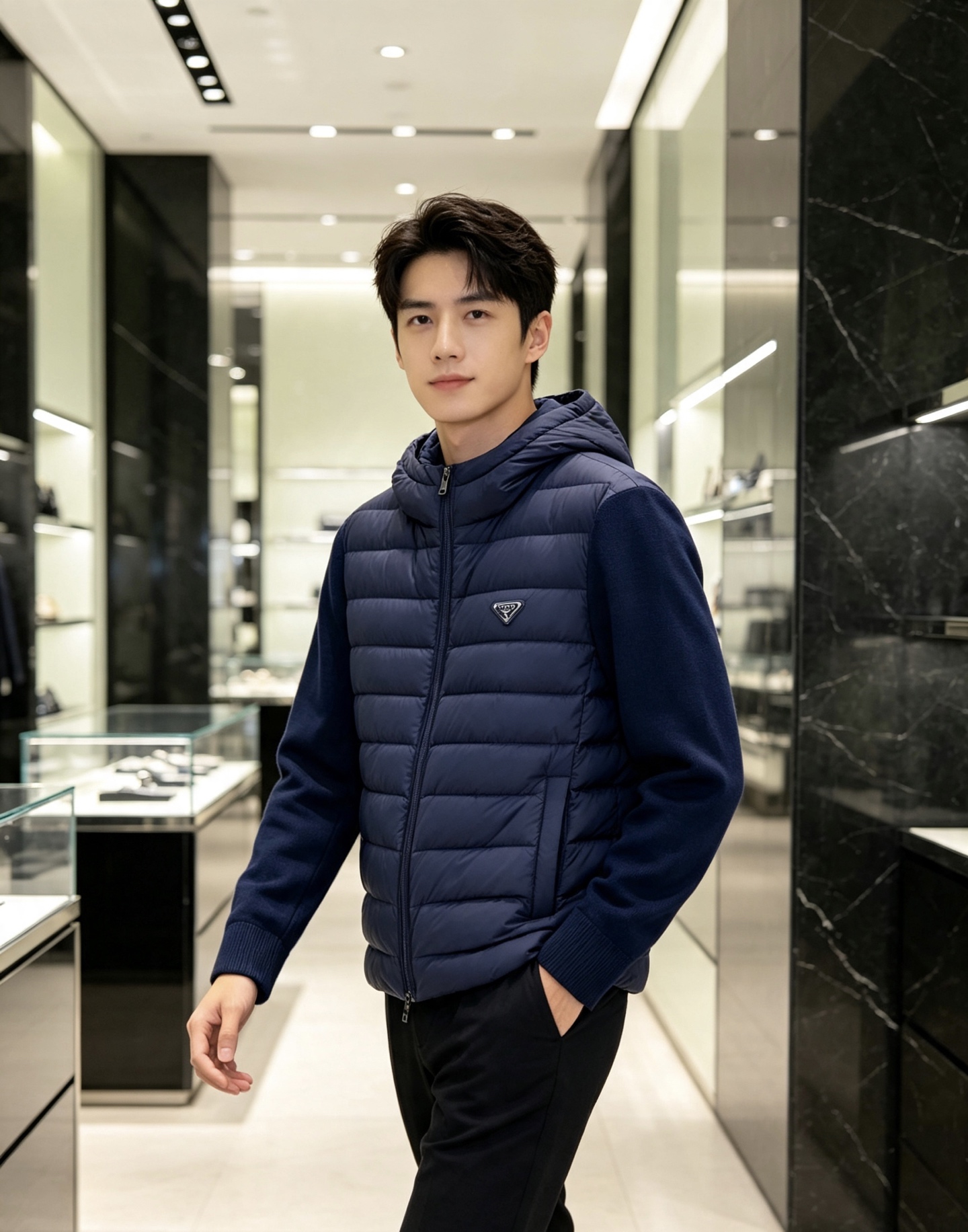 Prada 普拉达 2026秋冬新款拼接连帽轻薄羽绒服 前片竖条充棉分区锁温,侧边搭配弹力针织袖,上身完全不臃肿 胸口经 Prada 普拉达 2026秋冬新款拼接连帽轻薄羽绒服 前片竖条充棉分区锁温,侧边搭配弹力针织袖,上身完全不臃肿 胸口经