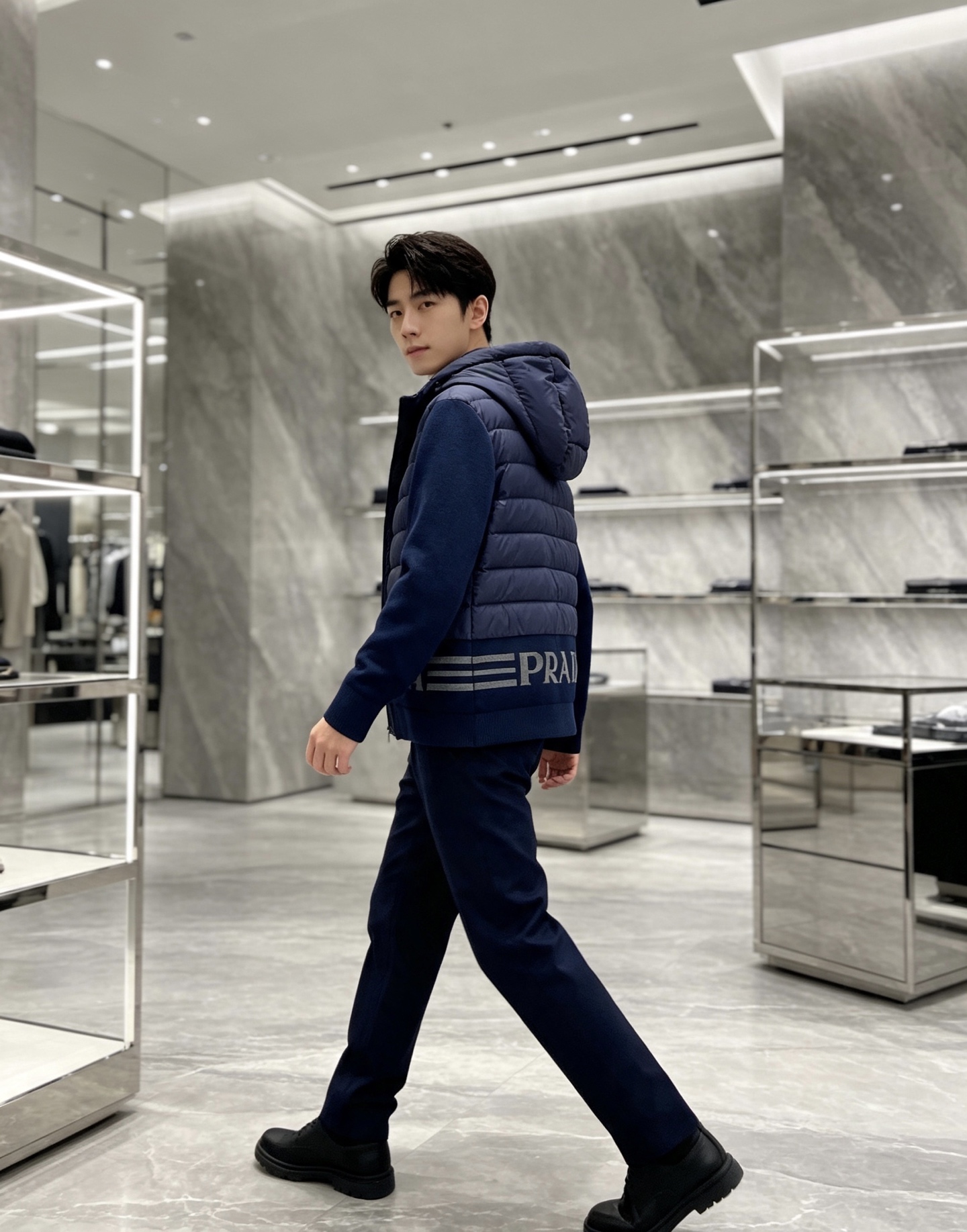 Prada 普拉达 2026秋冬新款拼接连帽轻薄羽绒服 前片竖条充棉分区锁温,侧边搭配弹力针织袖,上身完全不臃肿 胸口经 Prada 普拉达 2026秋冬新款拼接连帽轻薄羽绒服 前片竖条充棉分区锁温,侧边搭配弹力针织袖,上身完全不臃肿 胸口经
