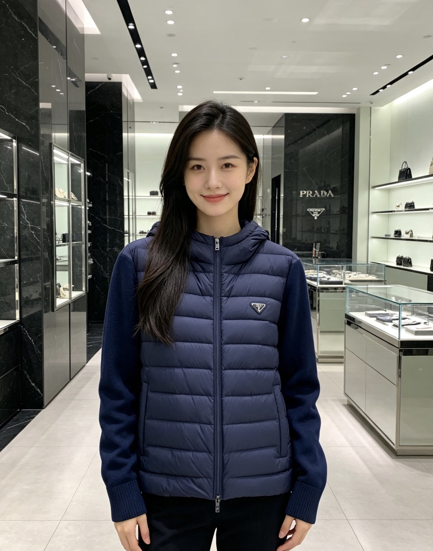 Prada 普拉达 2026秋冬新款拼接连帽轻薄羽绒服 前片竖条充棉分区锁温,侧边搭配弹力针织袖,上身完全不臃肿 胸口经 Prada 普拉达 2026秋冬新款拼接连帽轻薄羽绒服 前片竖条充棉分区锁温,侧边搭配弹力针织袖,上身完全不臃肿 胸口经
