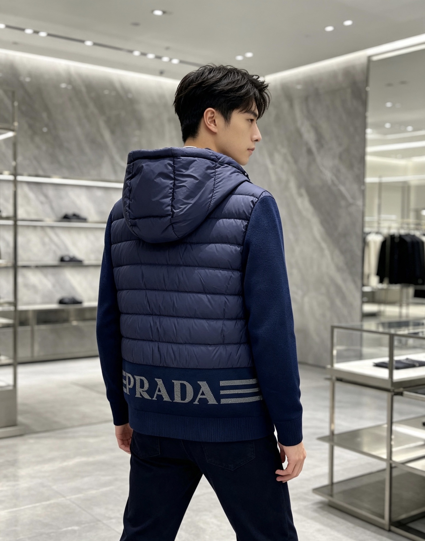 Prada 普拉达 2026秋冬新款拼接连帽轻薄羽绒服 前片竖条充棉分区锁温,侧边搭配弹力针织袖,上身完全不臃肿 胸口经 Prada 普拉达 2026秋冬新款拼接连帽轻薄羽绒服 前片竖条充棉分区锁温,侧边搭配弹力针织袖,上身完全不臃肿 胸口经