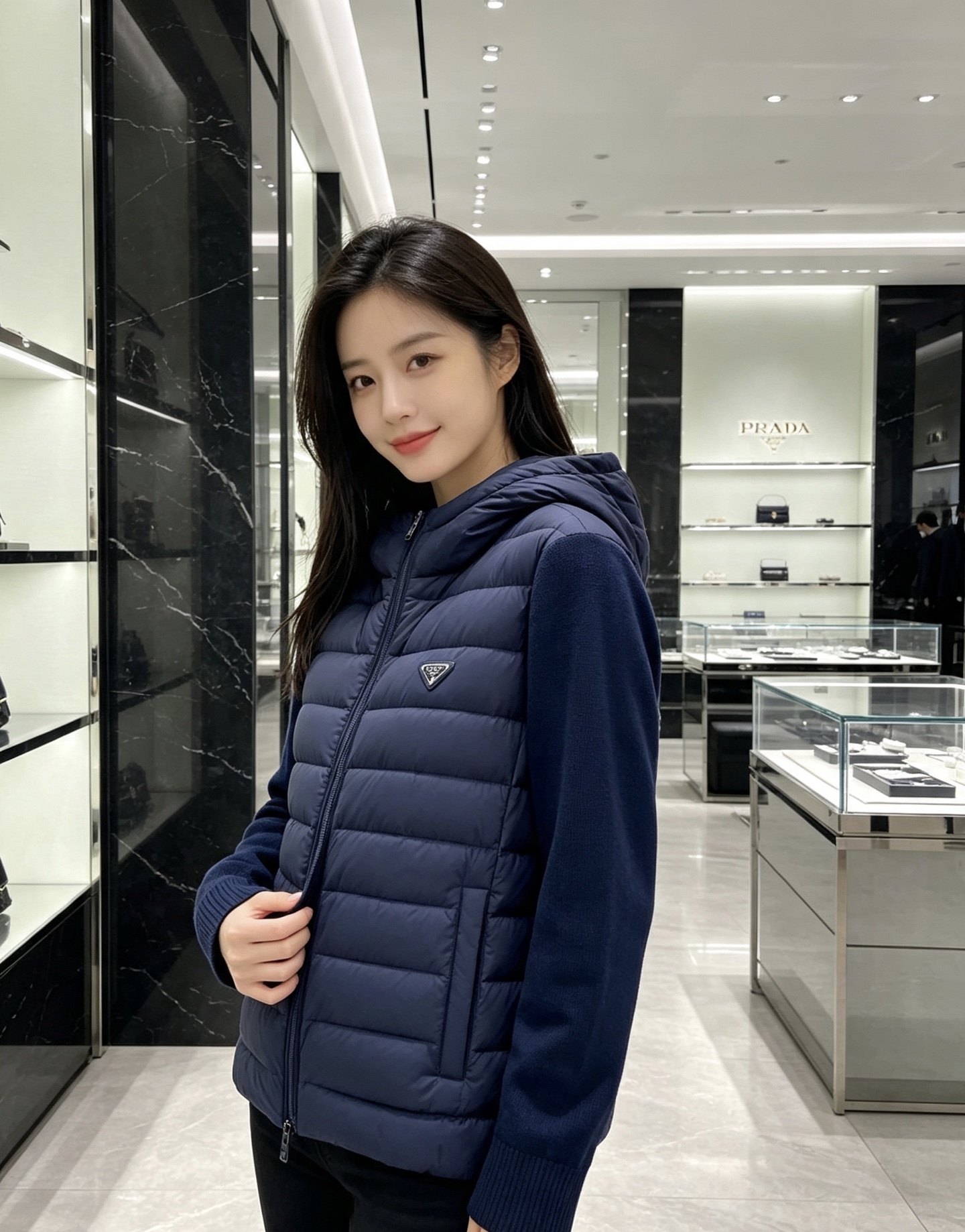 Prada 普拉达 2026秋冬新款拼接连帽轻薄羽绒服 前片竖条充棉分区锁温,侧边搭配弹力针织袖,上身完全不臃肿 胸口经 Prada 普拉达 2026秋冬新款拼接连帽轻薄羽绒服 前片竖条充棉分区锁温,侧边搭配弹力针织袖,上身完全不臃肿 胸口经