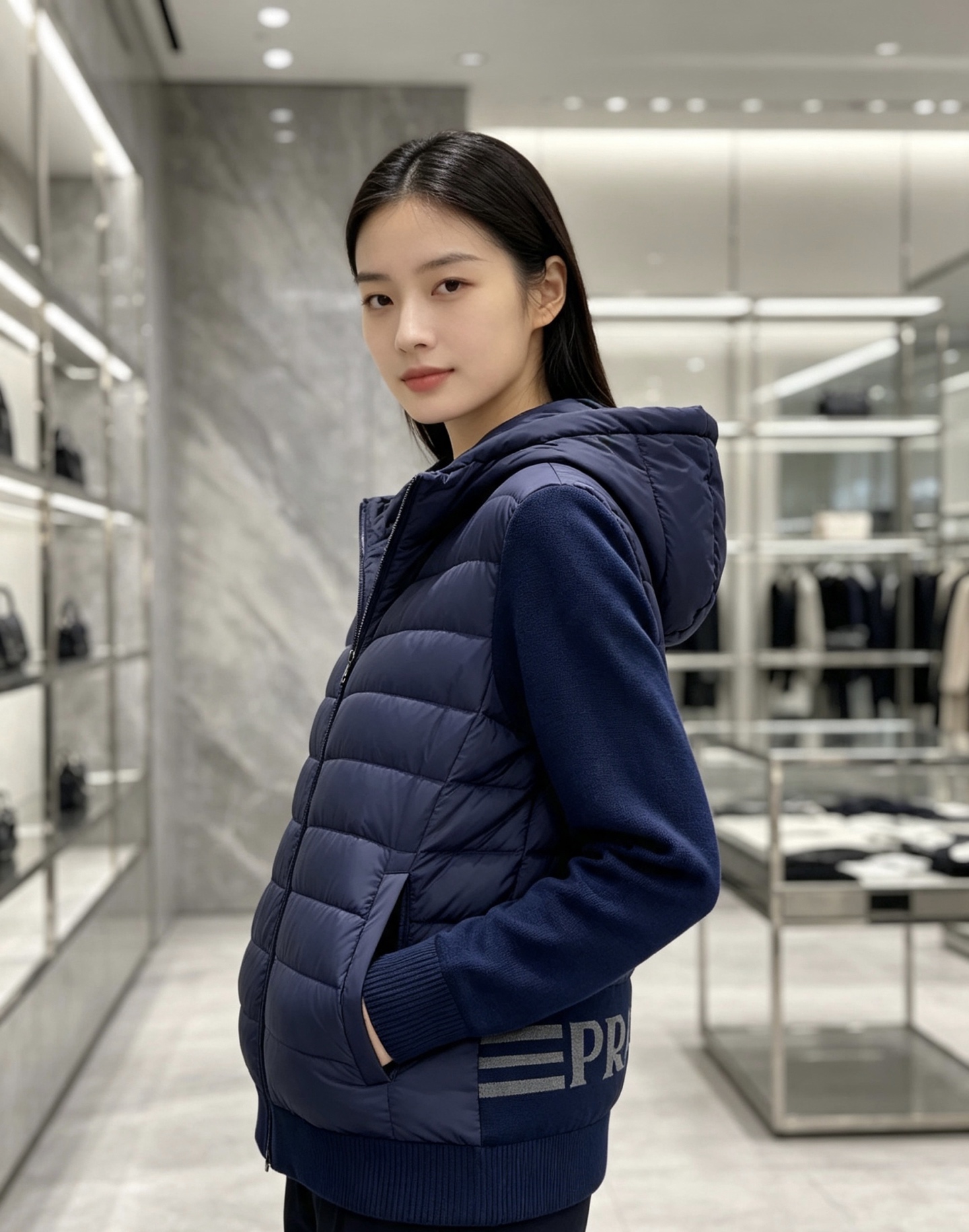 Prada 普拉达 2026秋冬新款拼接连帽轻薄羽绒服 前片竖条充棉分区锁温,侧边搭配弹力针织袖,上身完全不臃肿 胸口经 Prada 普拉达 2026秋冬新款拼接连帽轻薄羽绒服 前片竖条充棉分区锁温,侧边搭配弹力针织袖,上身完全不臃肿 胸口经