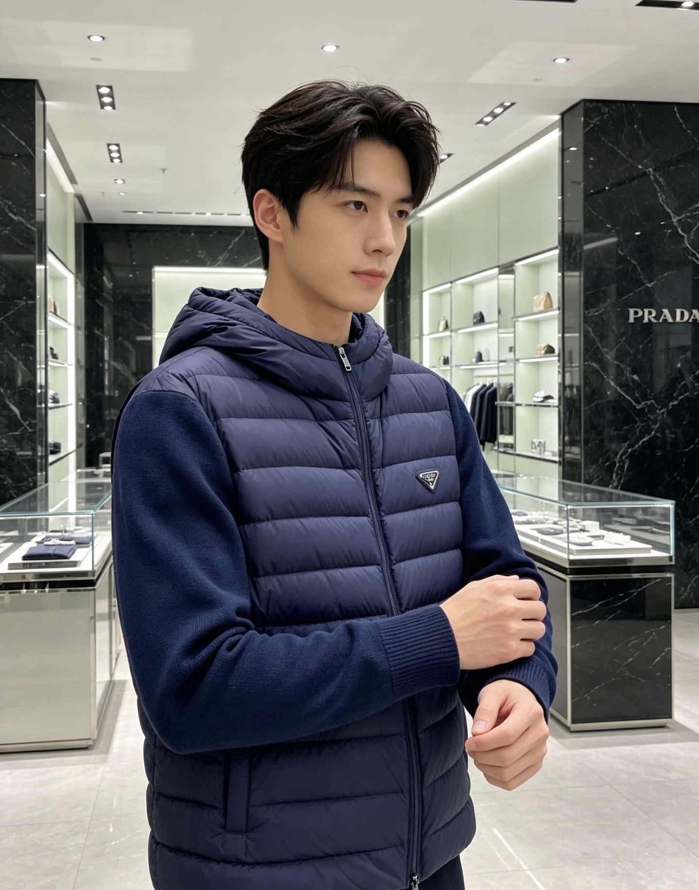Prada 普拉达 2026秋冬新款拼接连帽轻薄羽绒服 前片竖条充棉分区锁温,侧边搭配弹力针织袖,上身完全不臃肿 胸口经 Prada 普拉达 2026秋冬新款拼接连帽轻薄羽绒服 前片竖条充棉分区锁温,侧边搭配弹力针织袖,上身完全不臃肿 胸口经