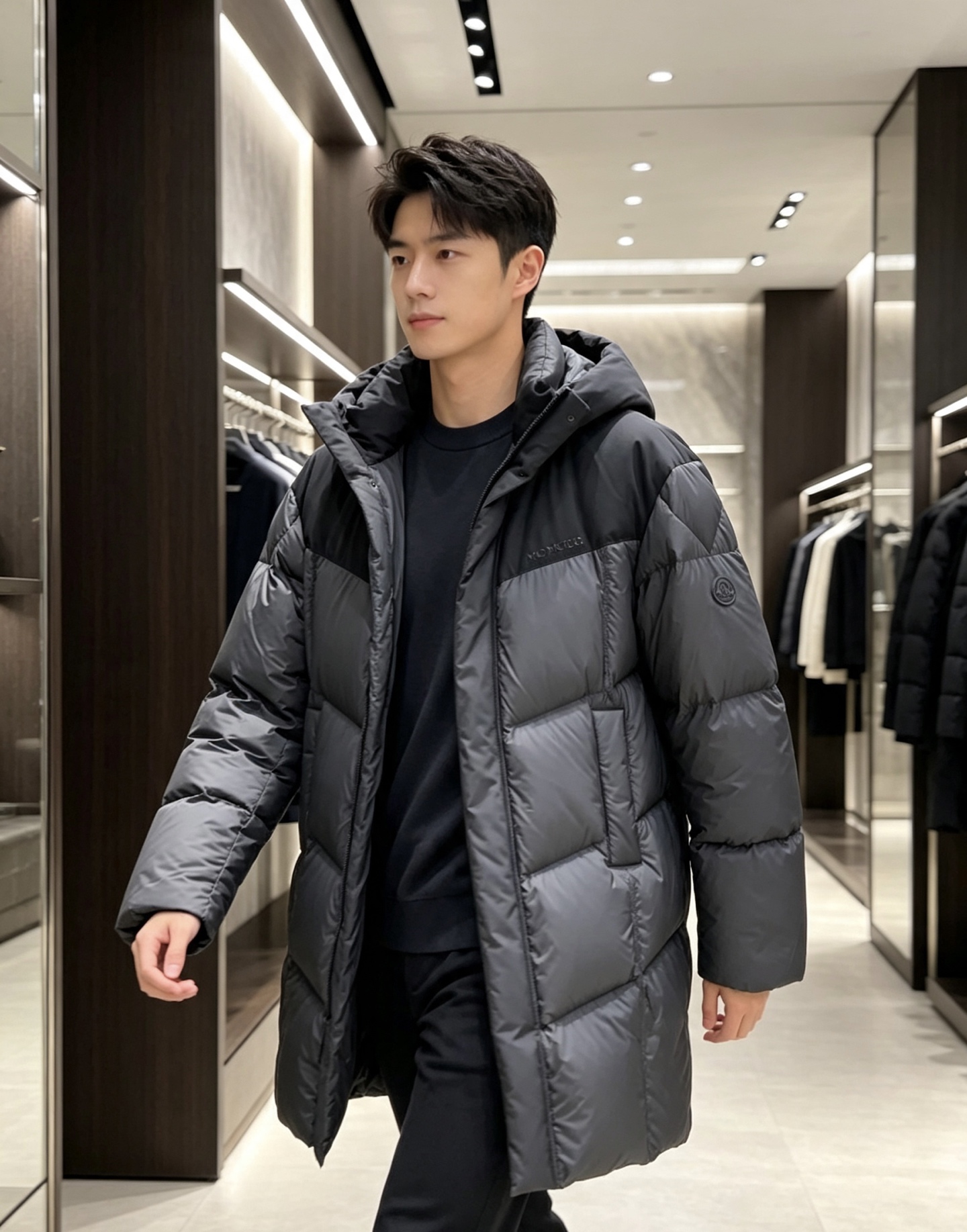 Moncler 蒙口 2026秋冬拼色连帽中长款羽绒服 黑灰撞色拼接设计,大方格分段充绒,蓬松饱满,锁绒不跑棉 立体加大 Moncler 蒙口 2026秋冬拼色连帽中长款羽绒服 黑灰撞色拼接设计,大方格分段充绒,蓬松饱满,锁绒不跑棉 立体加大