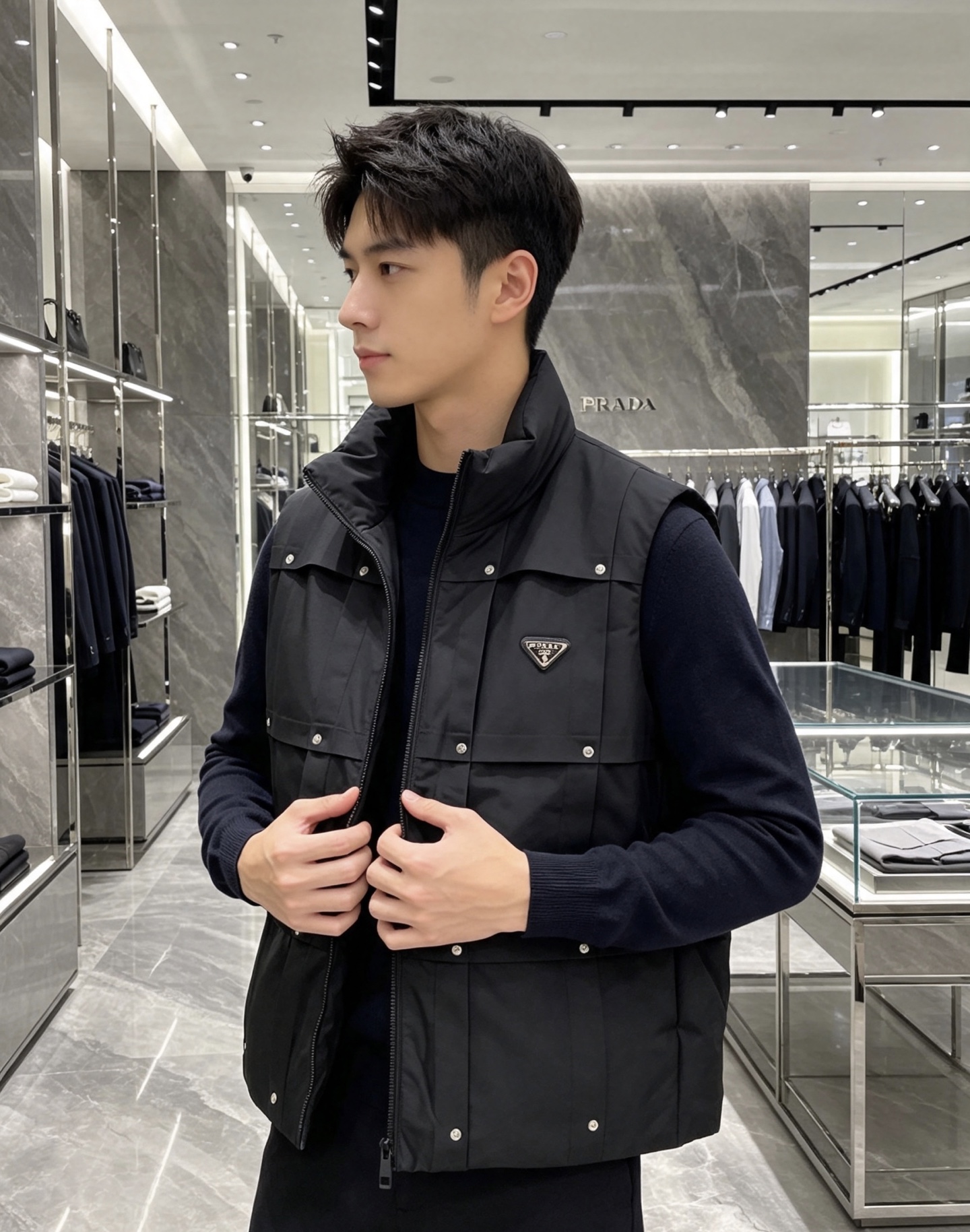Prada 普拉达 2026秋冬新款立领羽绒马甲男士款 纯黑色高密防风面料,方格分段充绒,金属铆钉装饰分格,造型立体感十 Prada 普拉达 2026秋冬新款立领羽绒马甲男士款 纯黑色高密防风面料,方格分段充绒,金属铆钉装饰分格,造型立体感十