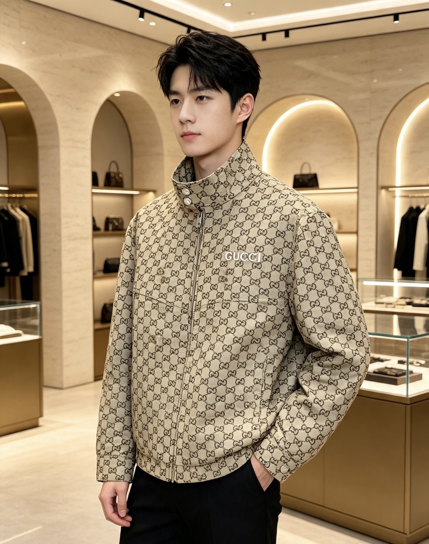 Gucci｜古驰 2026秋冬新款立领羽绒服 经典GG老花满印面料，胸前精致品牌刺绣 配套原版定制五金，做工细节到位 立
