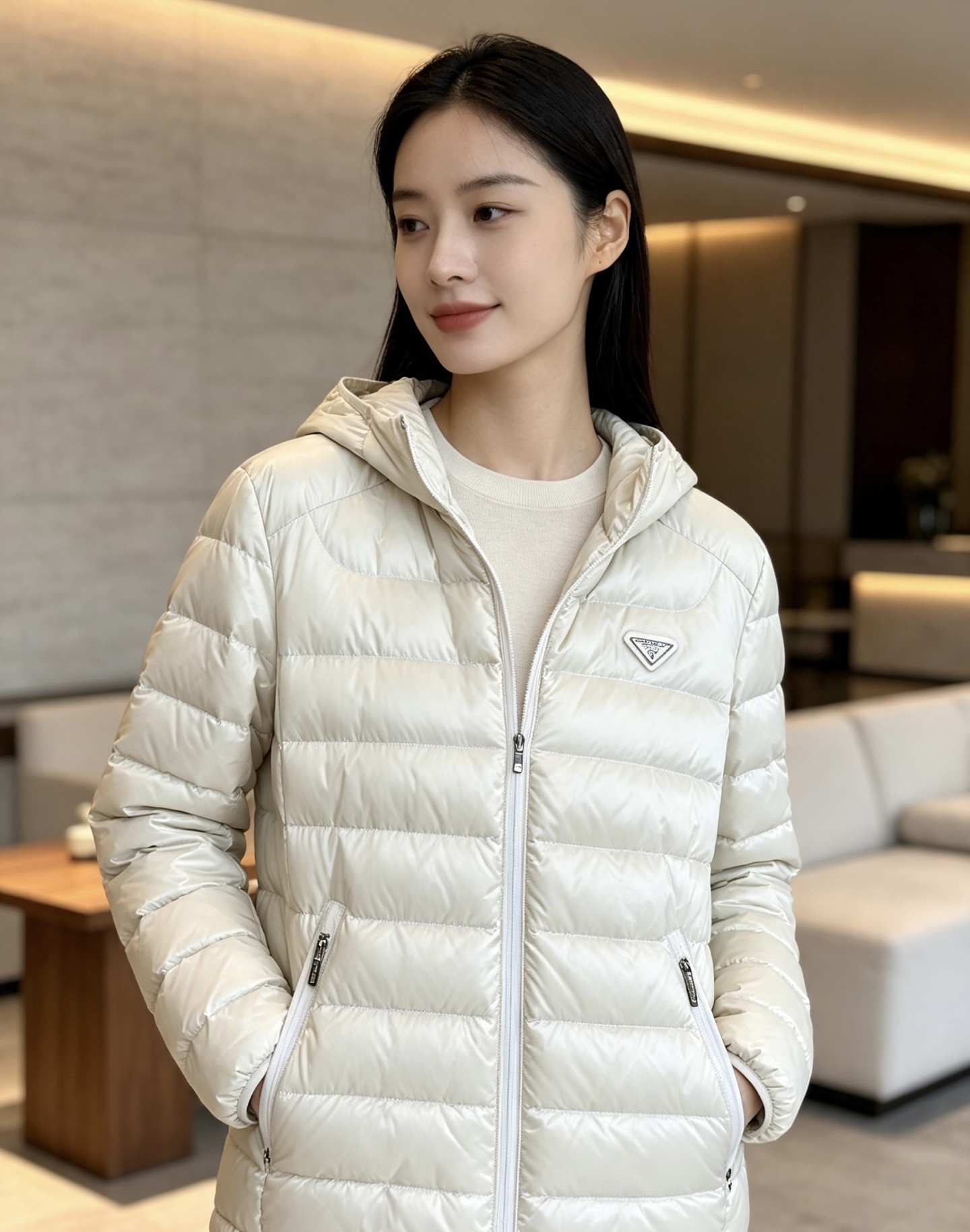 Prada 普拉达 2026秋冬新款三角标连帽轻薄羽绒,米白/酒红/藏蓝/黑四色男女同款。 横条分仓充绒,不跑绒不臃肿; Prada 普拉达 2026秋冬新款三角标连帽轻薄羽绒,米白/酒红/藏蓝/黑四色男女同款。 横条分仓充绒,不跑绒不臃肿;