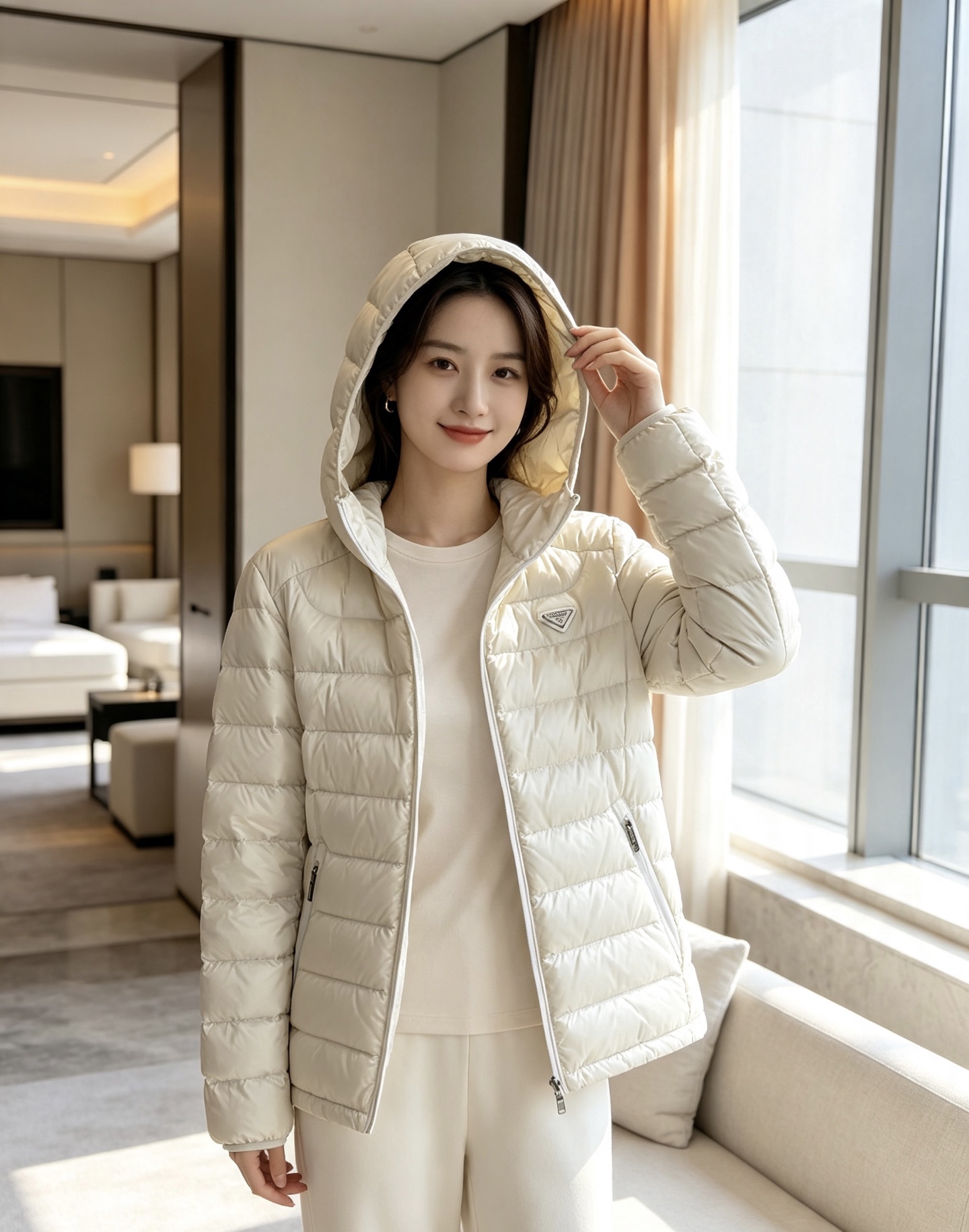 Prada 普拉达 2026秋冬新款三角标连帽轻薄羽绒,米白/酒红/藏蓝/黑四色男女同款。 横条分仓充绒,不跑绒不臃肿; Prada 普拉达 2026秋冬新款三角标连帽轻薄羽绒,米白/酒红/藏蓝/黑四色男女同款。 横条分仓充绒,不跑绒不臃肿;