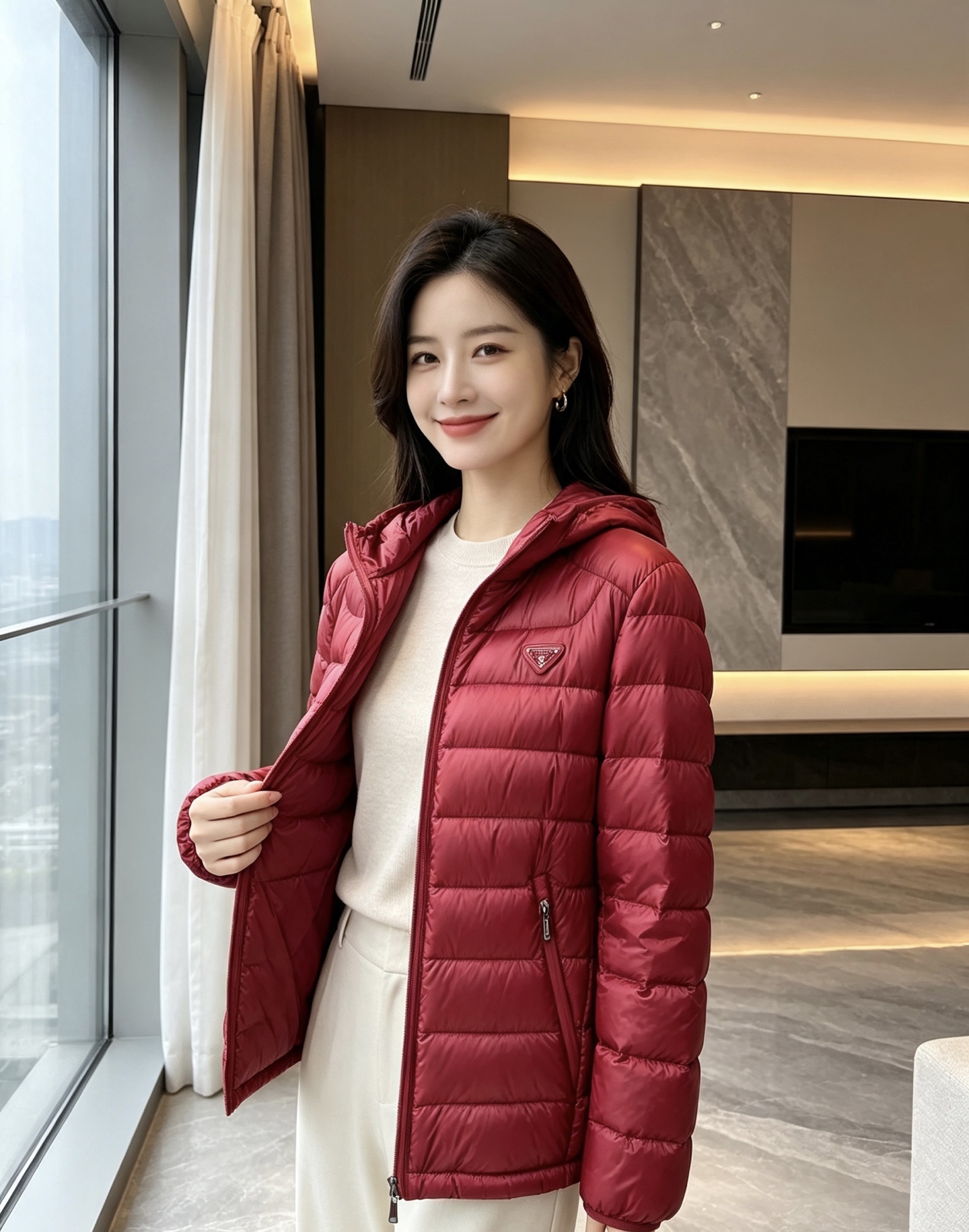 Prada 普拉达 2026秋冬新款三角标连帽轻薄羽绒,米白/酒红/藏蓝/黑四色男女同款。 横条分仓充绒,不跑绒不臃肿; Prada 普拉达 2026秋冬新款三角标连帽轻薄羽绒,米白/酒红/藏蓝/黑四色男女同款。 横条分仓充绒,不跑绒不臃肿;